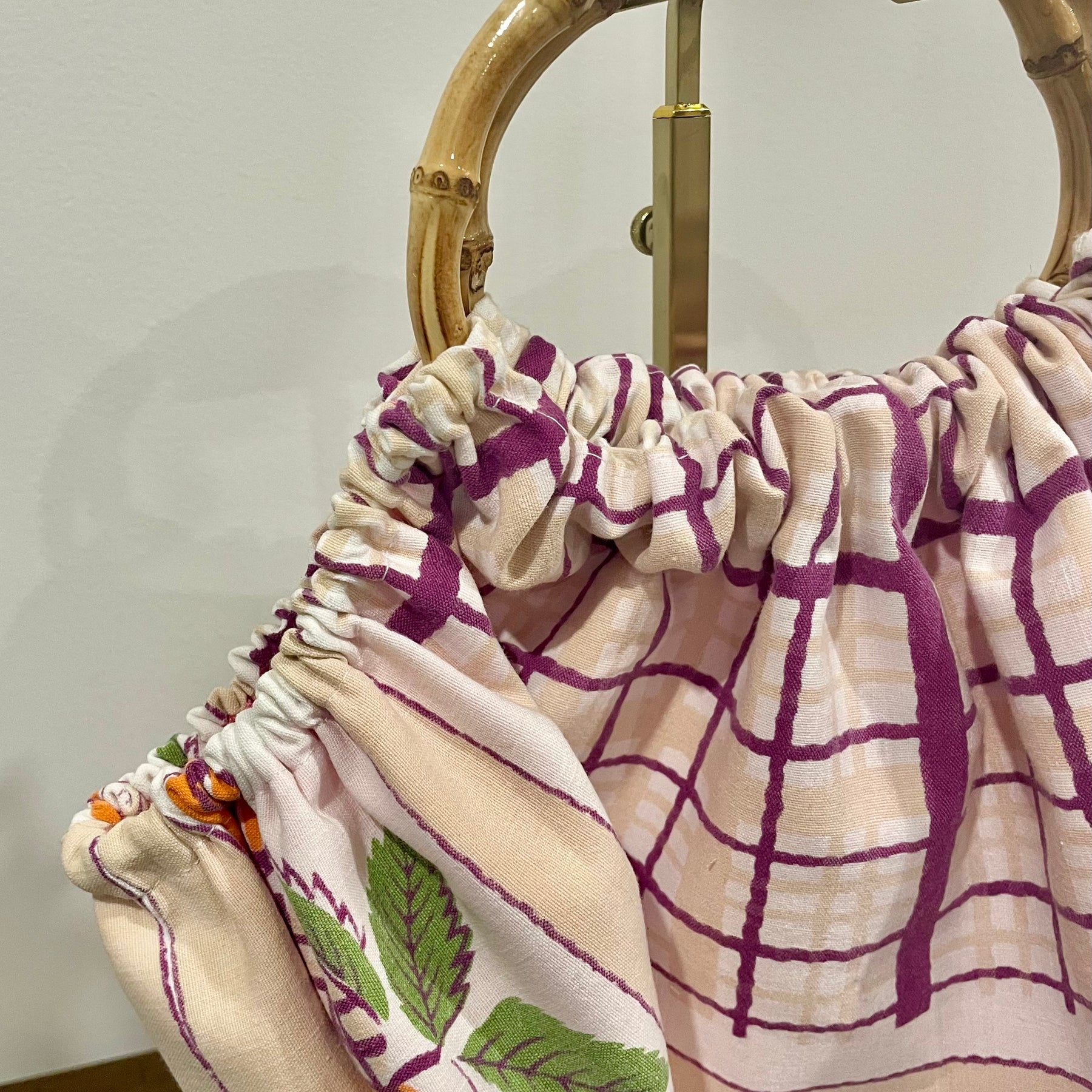 Handmade Granny Bag – Reclaimed Tablecloth with Cane Handles