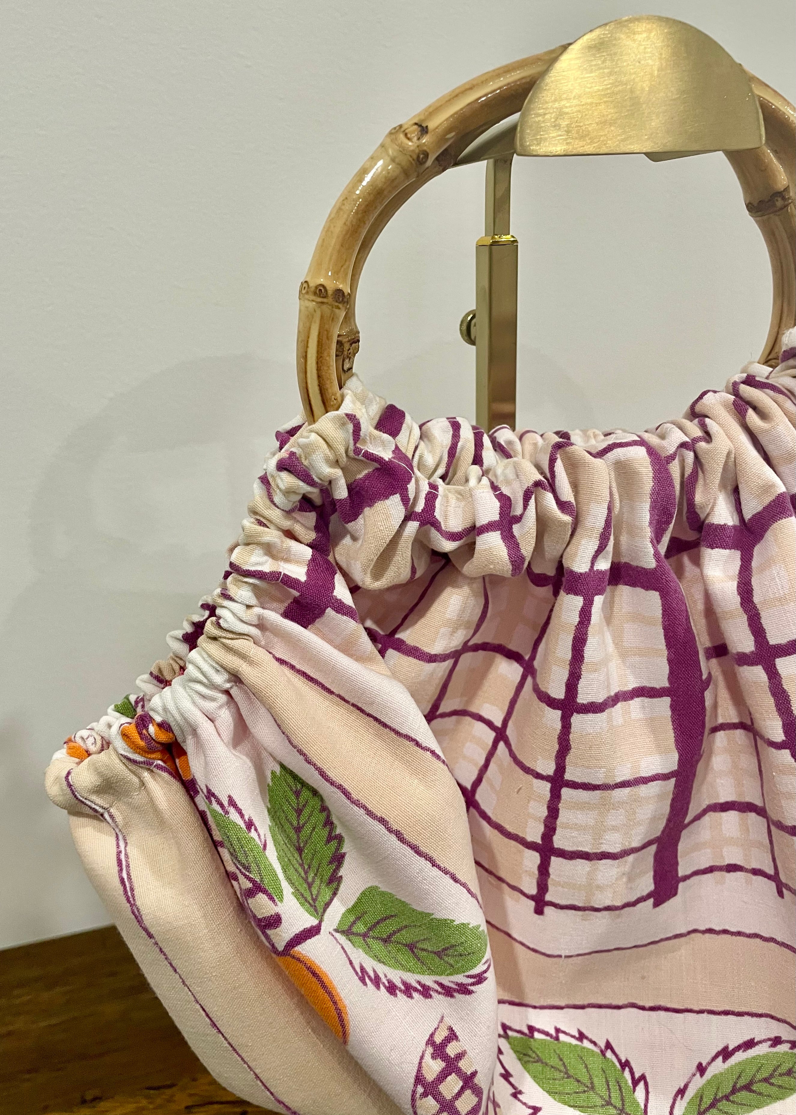 Handmade Granny Bag – Reclaimed Tablecloth with Cane Handles