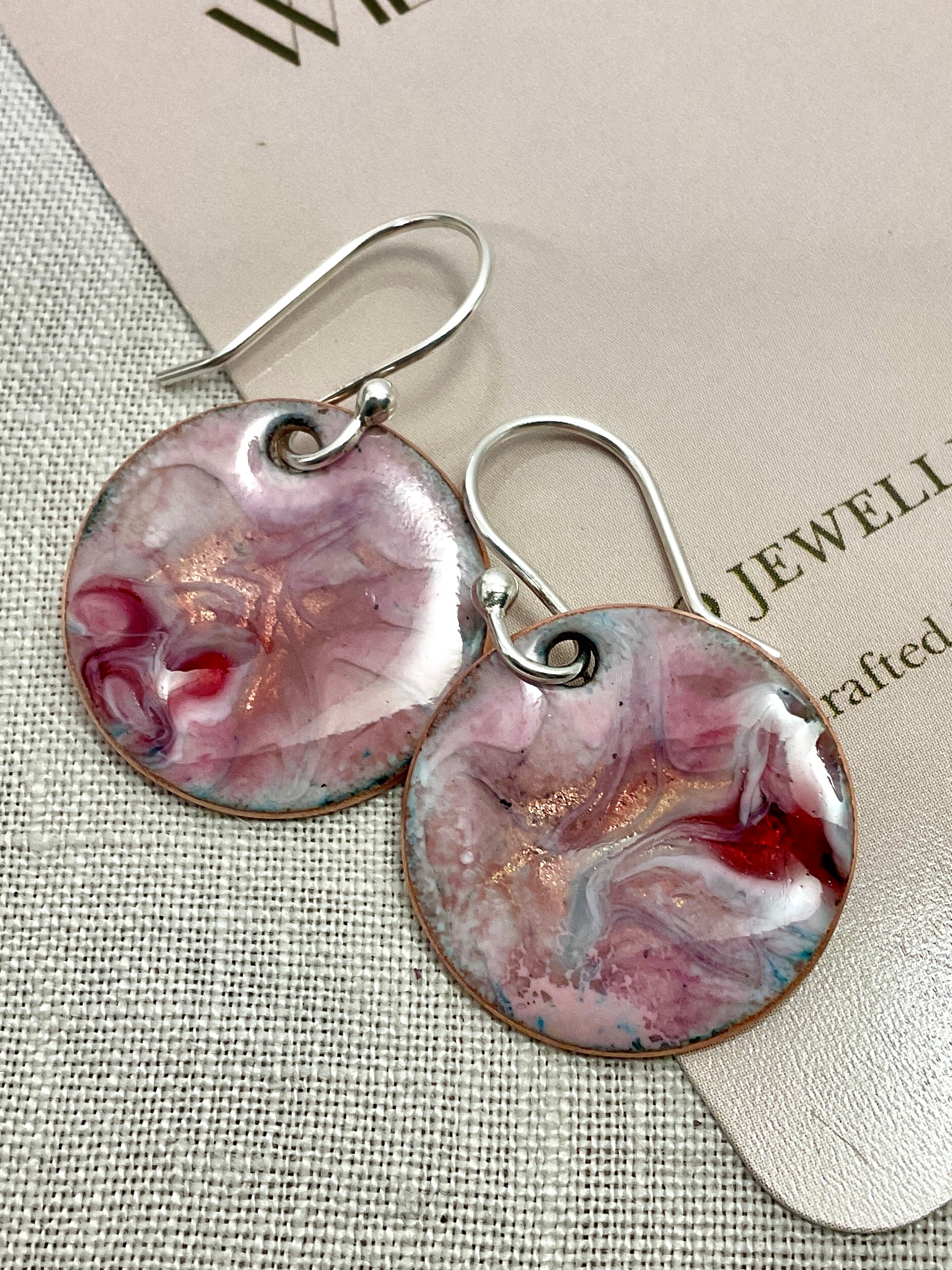 Pink swirl. Enamel earrings. Handmade