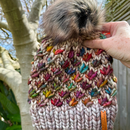 Merino Beanie, Hand Knitted Lotus Flower PomPom Beanie