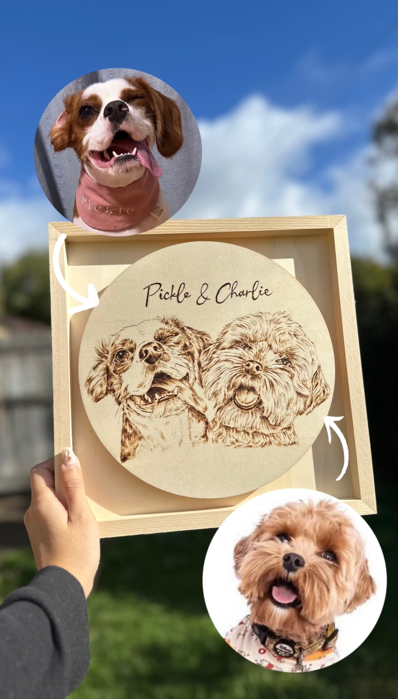 Custom Pet Portrait Wall Art– 1 Pet With Floral Decor 30x30 cm Framed Handmade Pyrography Woodburning Art