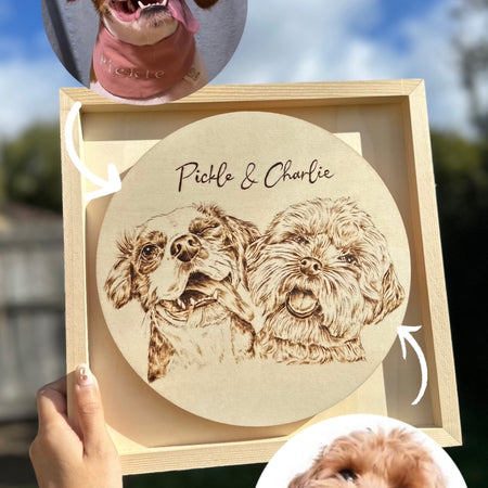 Custom Pet Portrait Wall Art– 1 Pet With Floral Decor 30x30 cm Framed Handmade Pyrography Woodburning Art