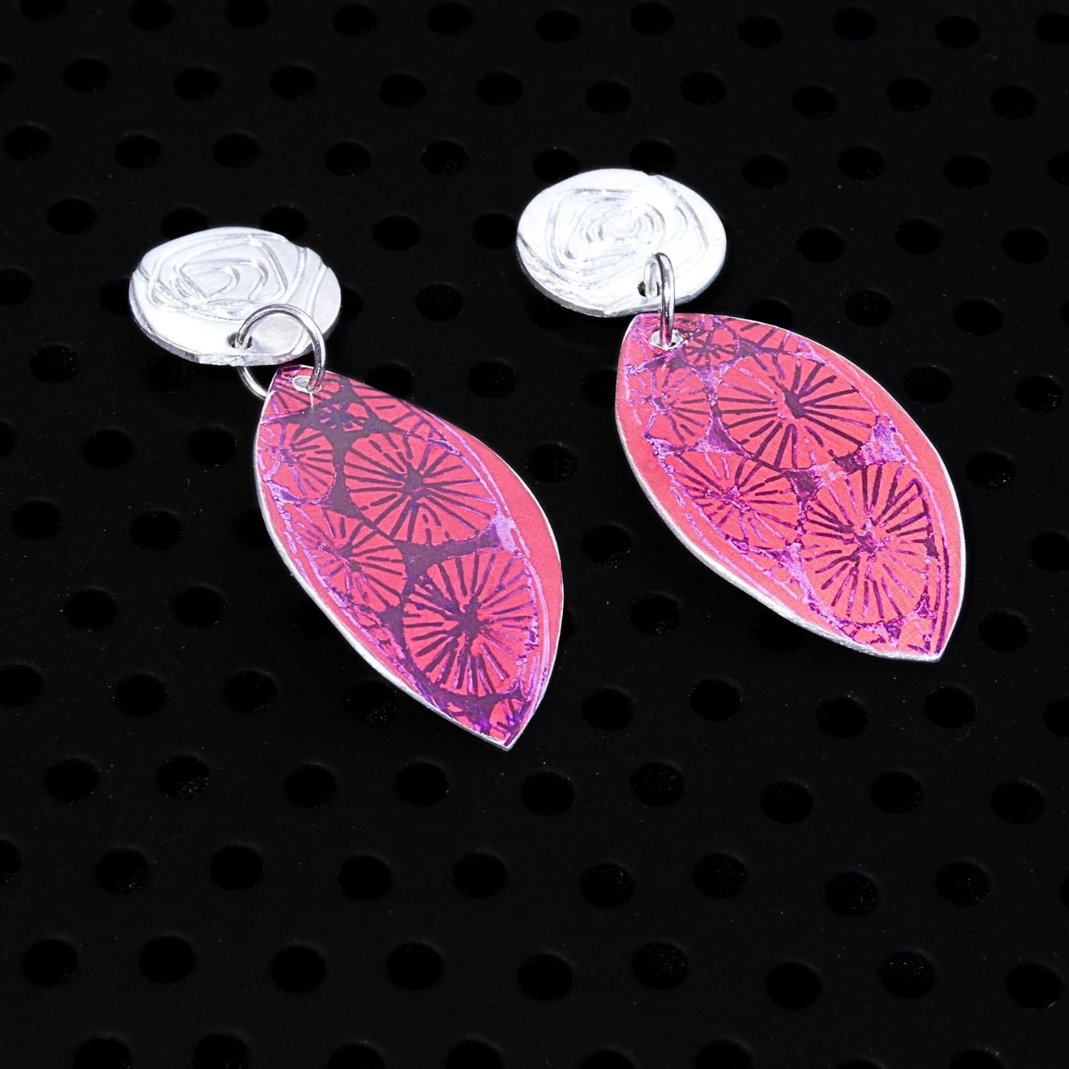 Hand printed anodised aluminium earrings - Scarlet Grace Collection