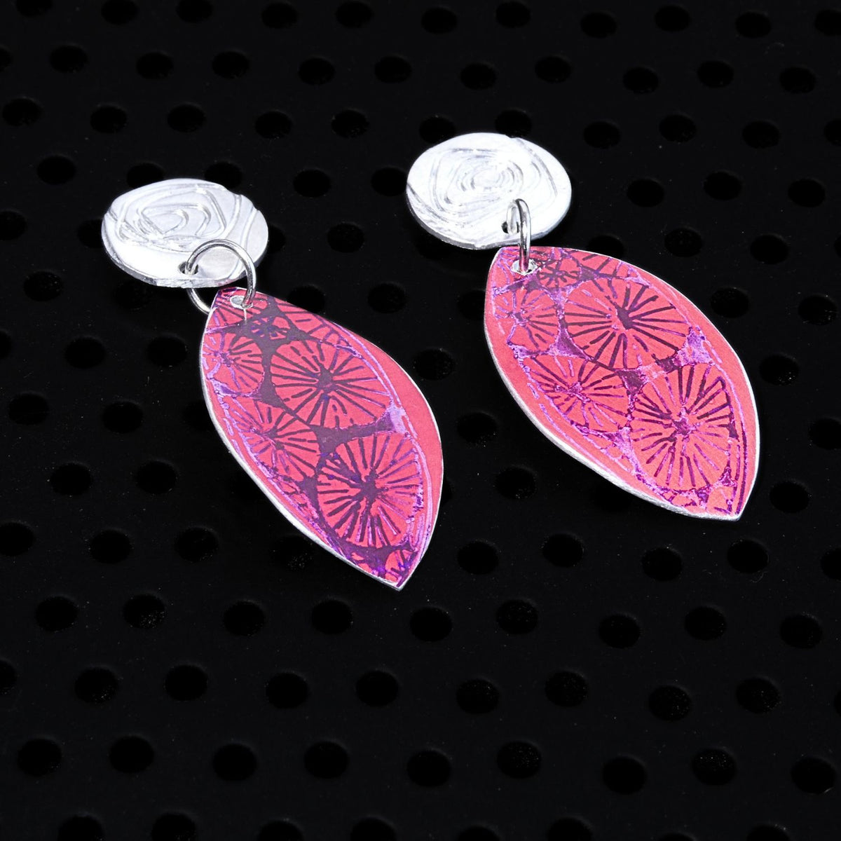 Hand printed anodised aluminium earrings - Scarlet Grace Collection