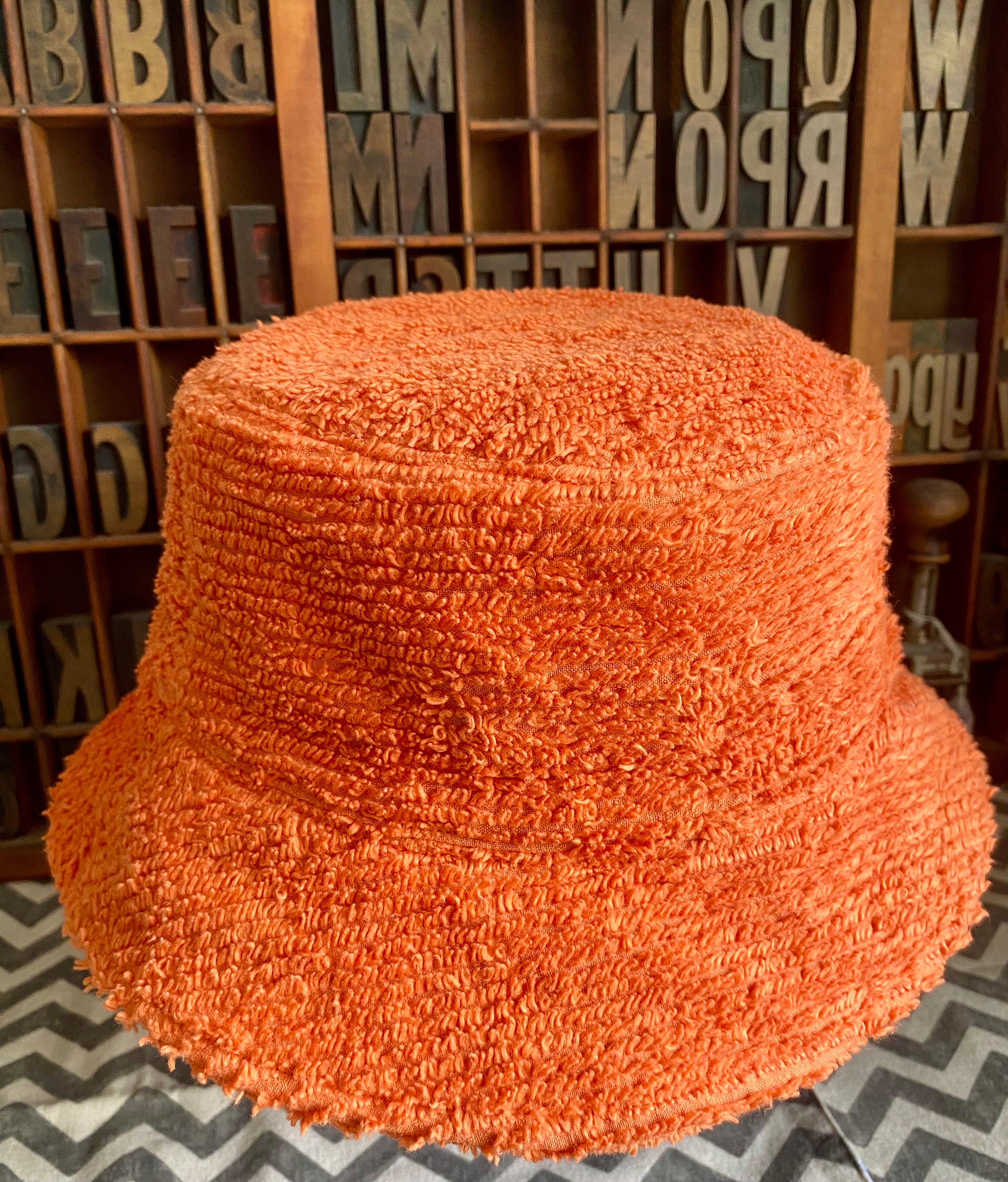 Bucket Hat - Upcycled Chenille Bedspread - Orange