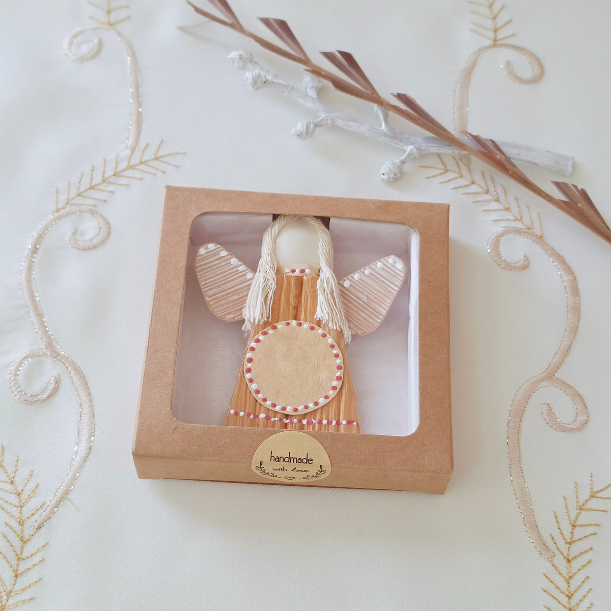 Hello - Palm Angel, Ornament Sympathy Gift, English rose and white dots