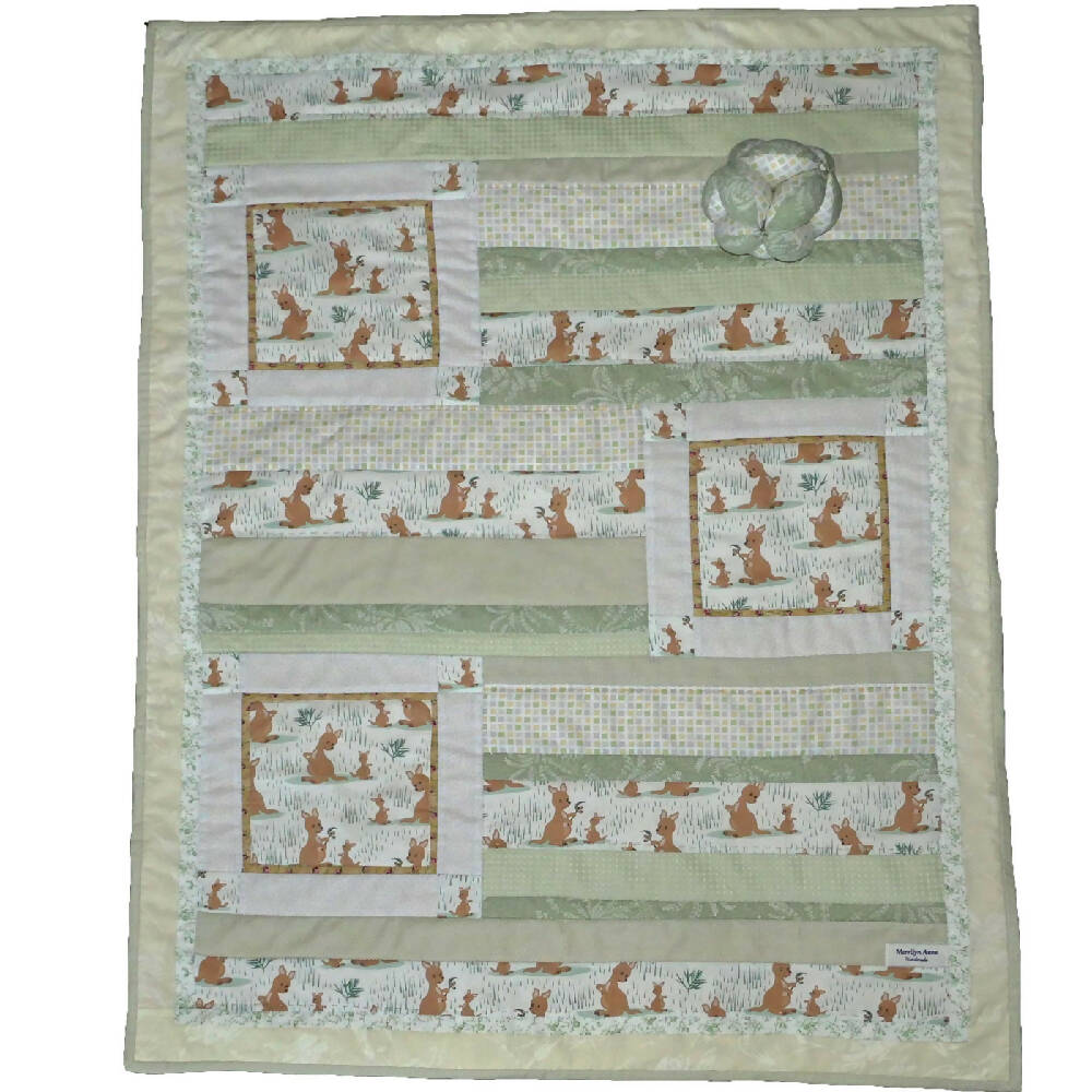 Kangaroo Cot quilt, play rug, soft ball, gift set. Australiana