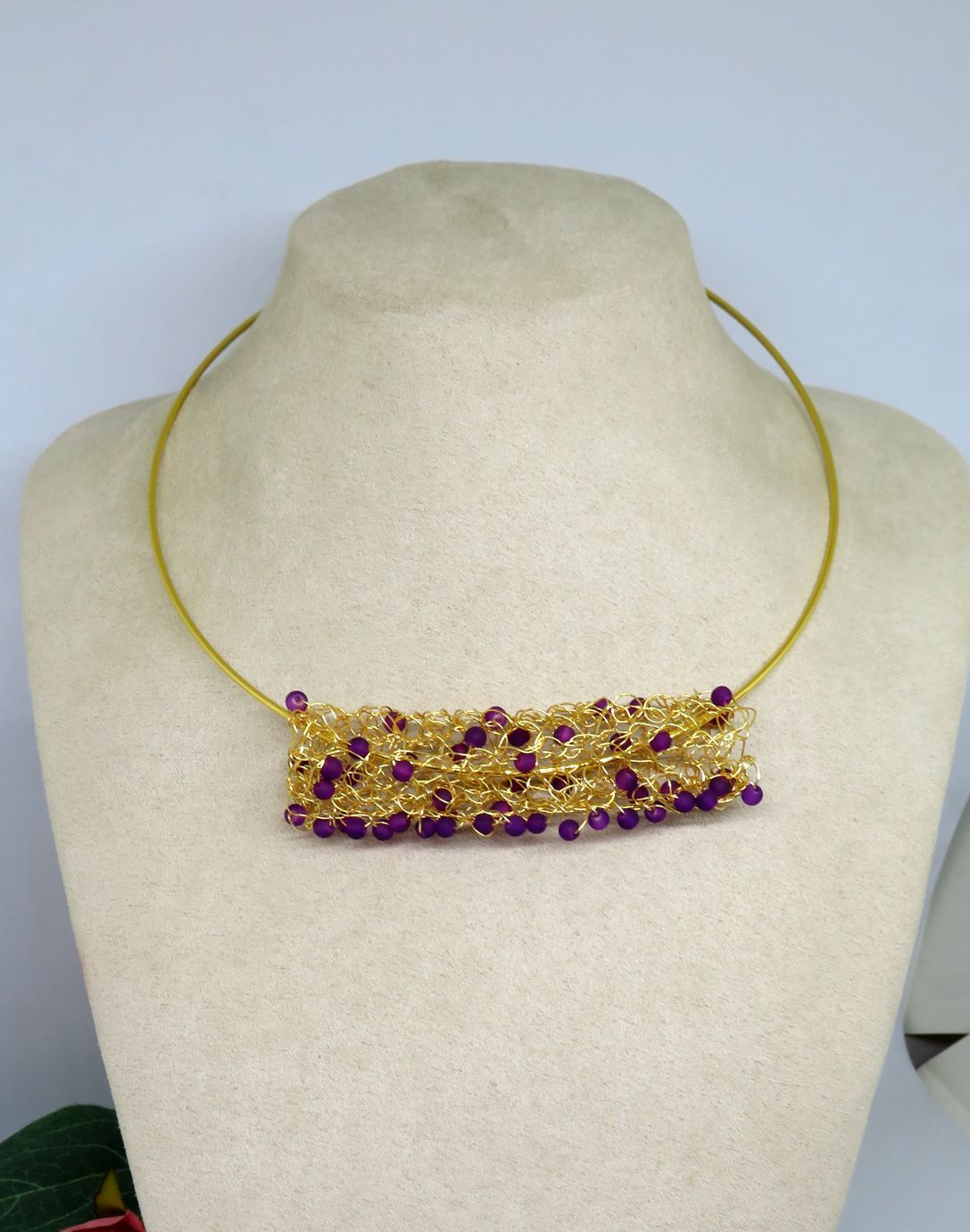 Frosted Purple Beaded Crochet Wire Tube Choker Necklace