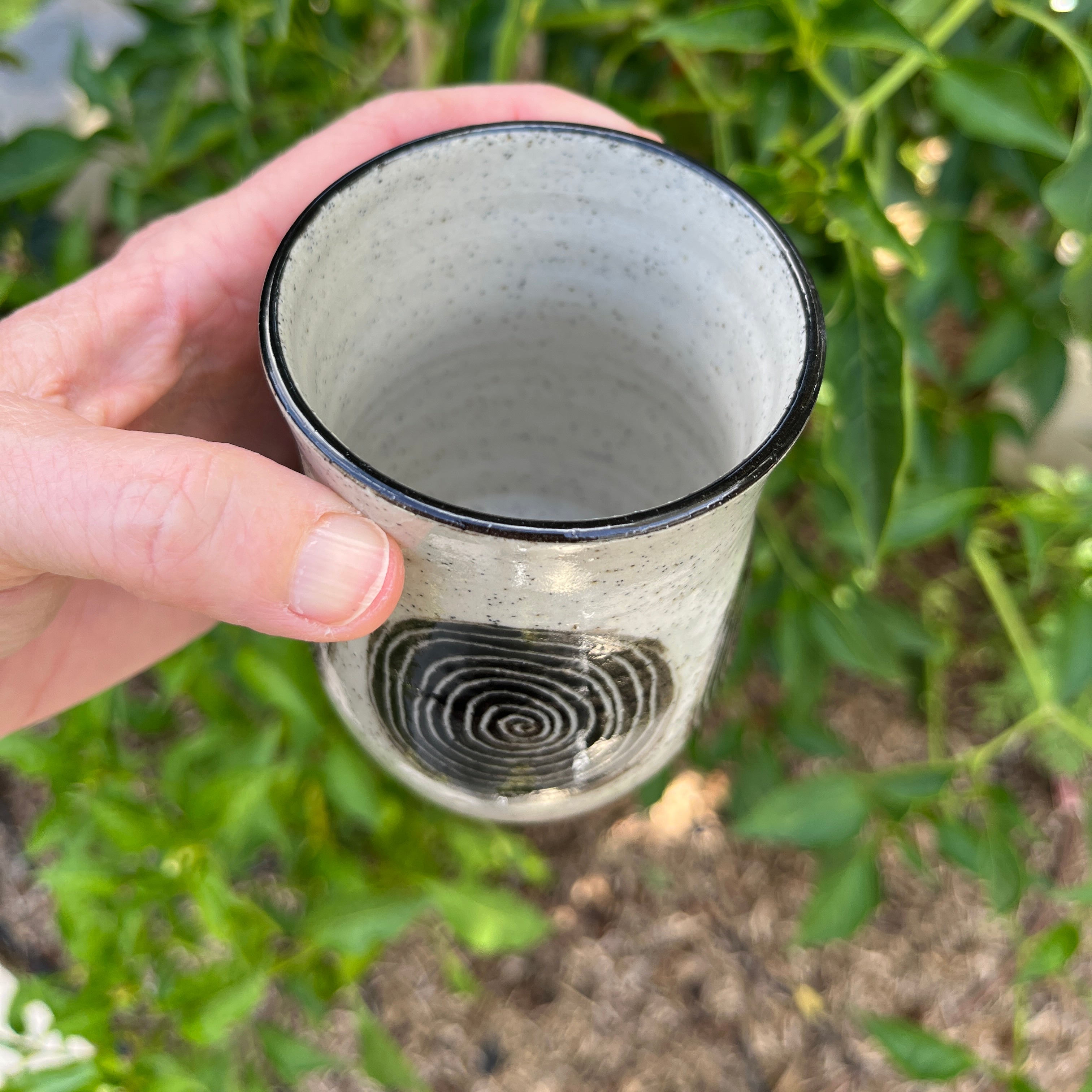 Handcrafted Stoneware Mug – Carved Spiral Design - Great Feel