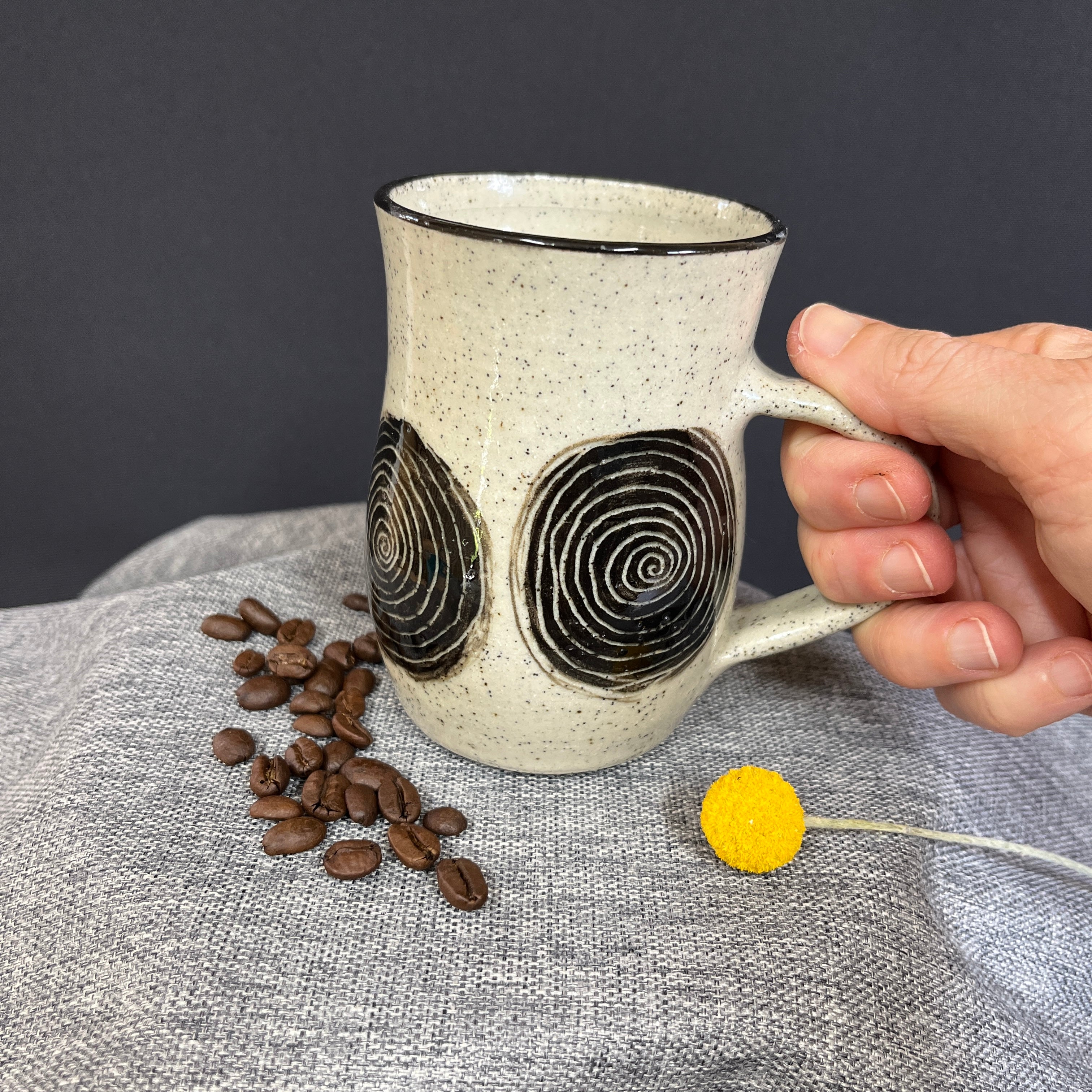 Handcrafted Stoneware Mug – Carved Spiral Design - Great Feel