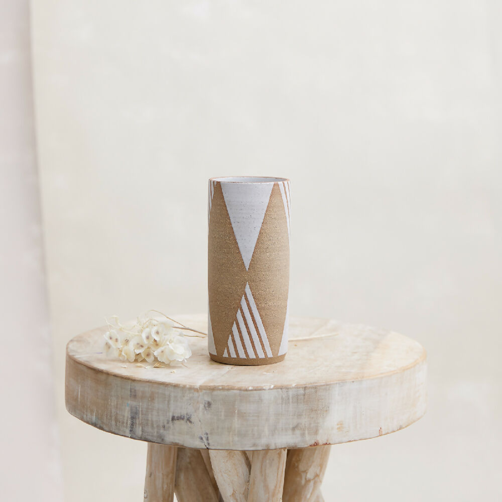 Geometric Handmade Ceramic Cylindrical Vase - Natural and White