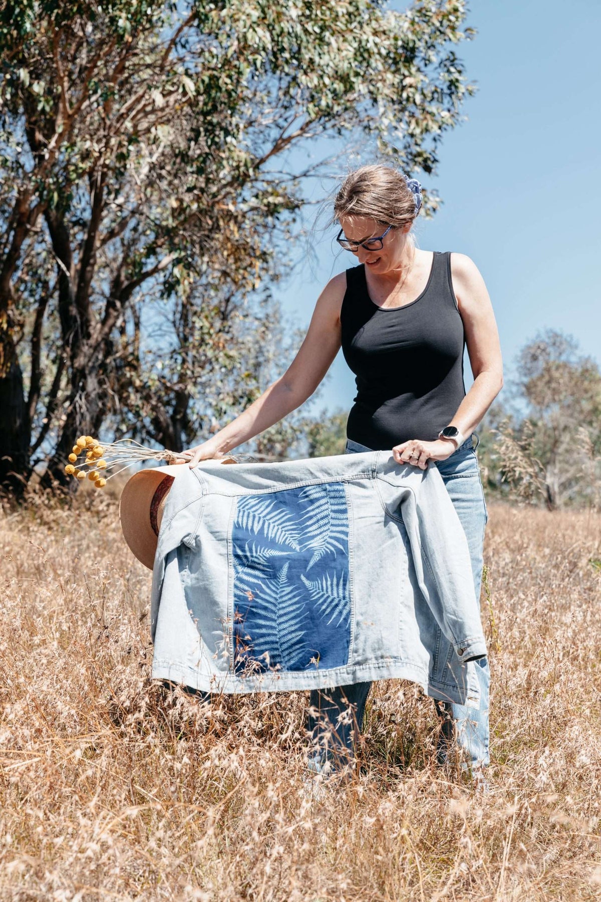 Upcycled Billabong Denim Jacket, Tree Fern Art