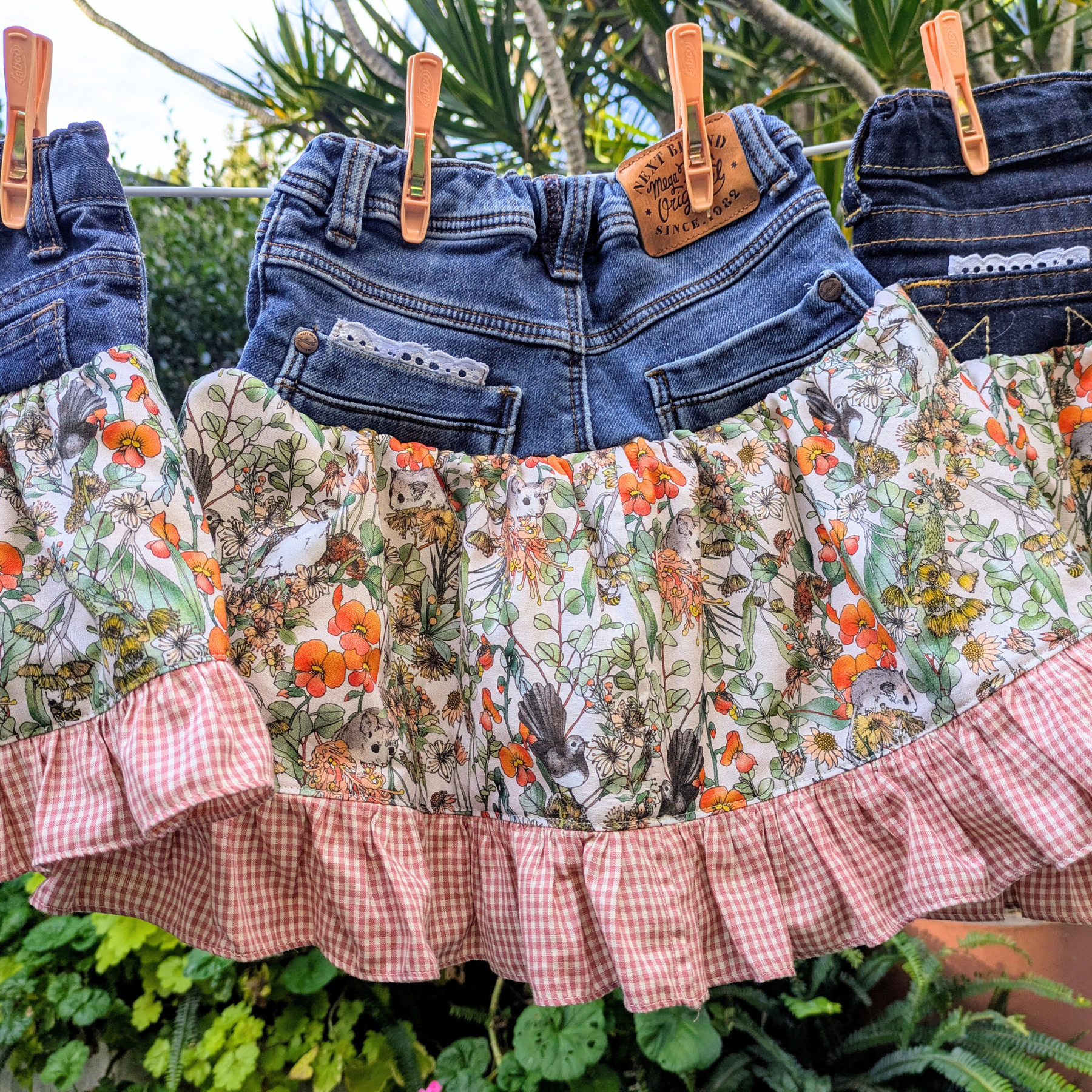 Girls Skirt Size 5 Upcycled Denim Burnt Orange Aussie Flowers Sugar Possums