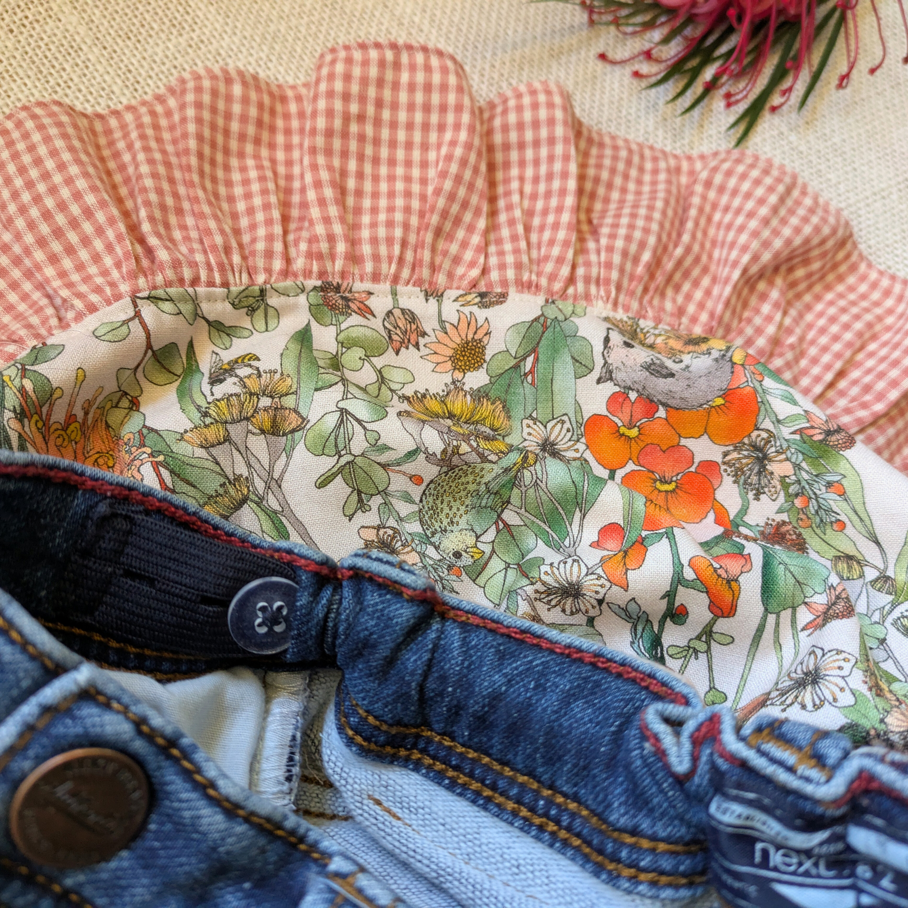 Girls Skirt Size 5 Upcycled Denim Burnt Orange Aussie Flowers Sugar Possums