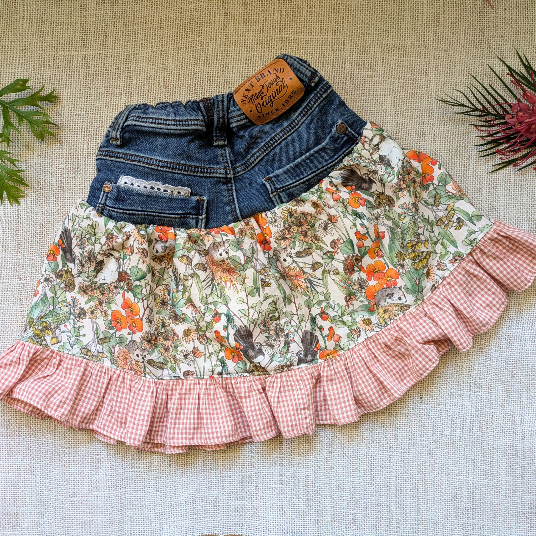 Girls Skirt Size 5 Upcycled Denim Burnt Orange Aussie Flowers Sugar Possums
