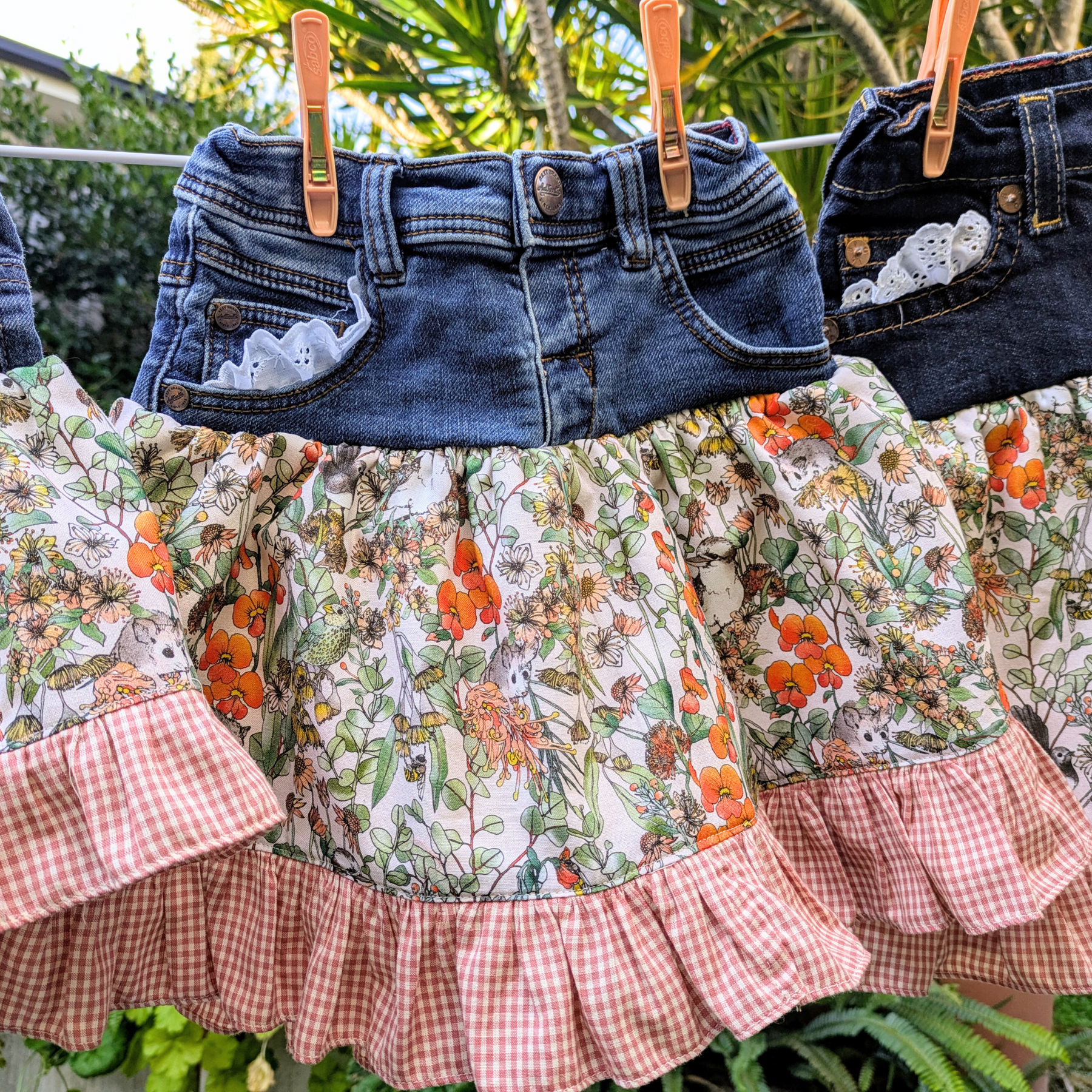 Girls Skirt Size 5 Upcycled Denim Burnt Orange Aussie Flowers Sugar Possums