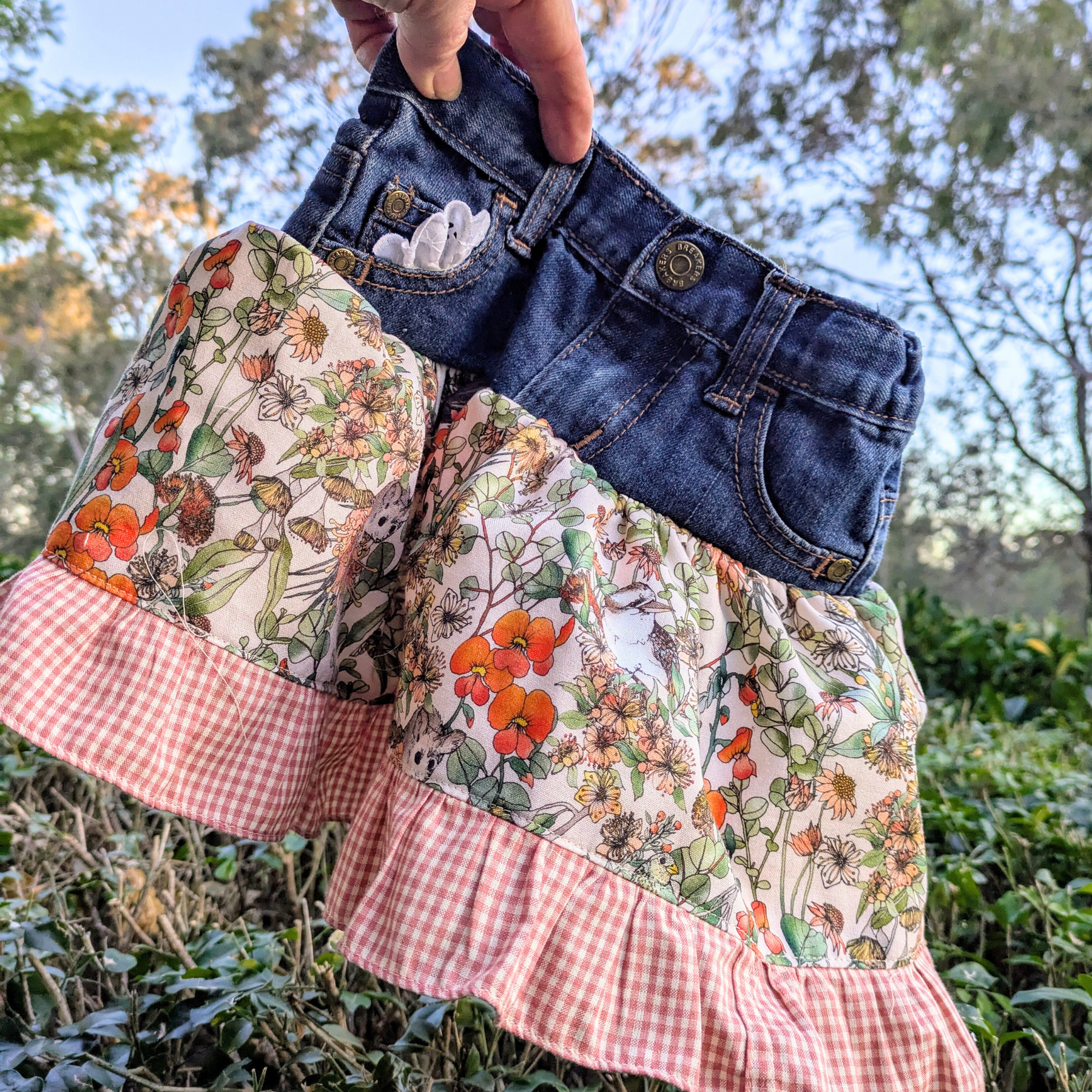 Girls Skirt Size 5 Upcycled Denim Burnt Orange Aussie Flowers Sugar Possums