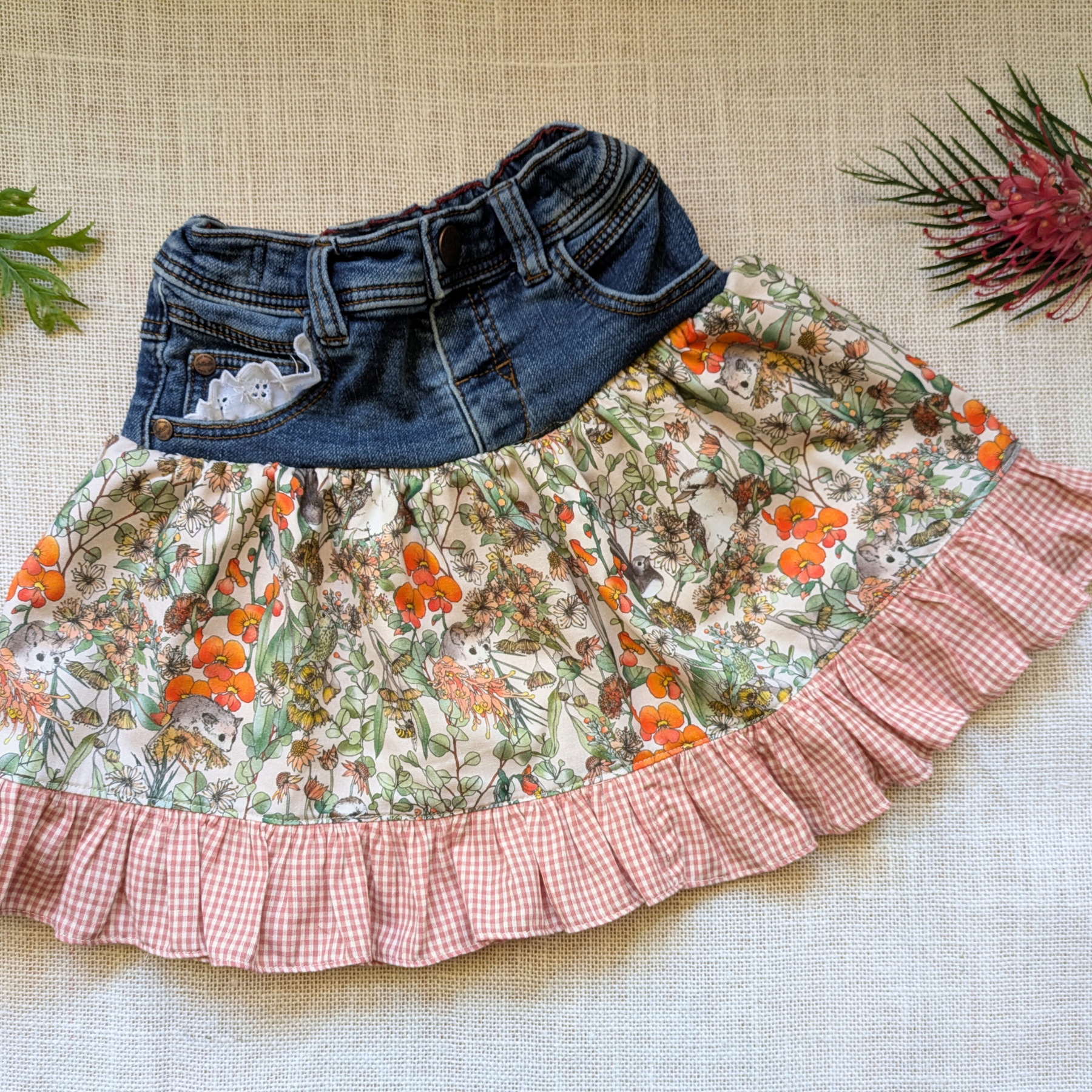 Girls Skirt Size 5 Upcycled Denim Burnt Orange Aussie Flowers Sugar Possums