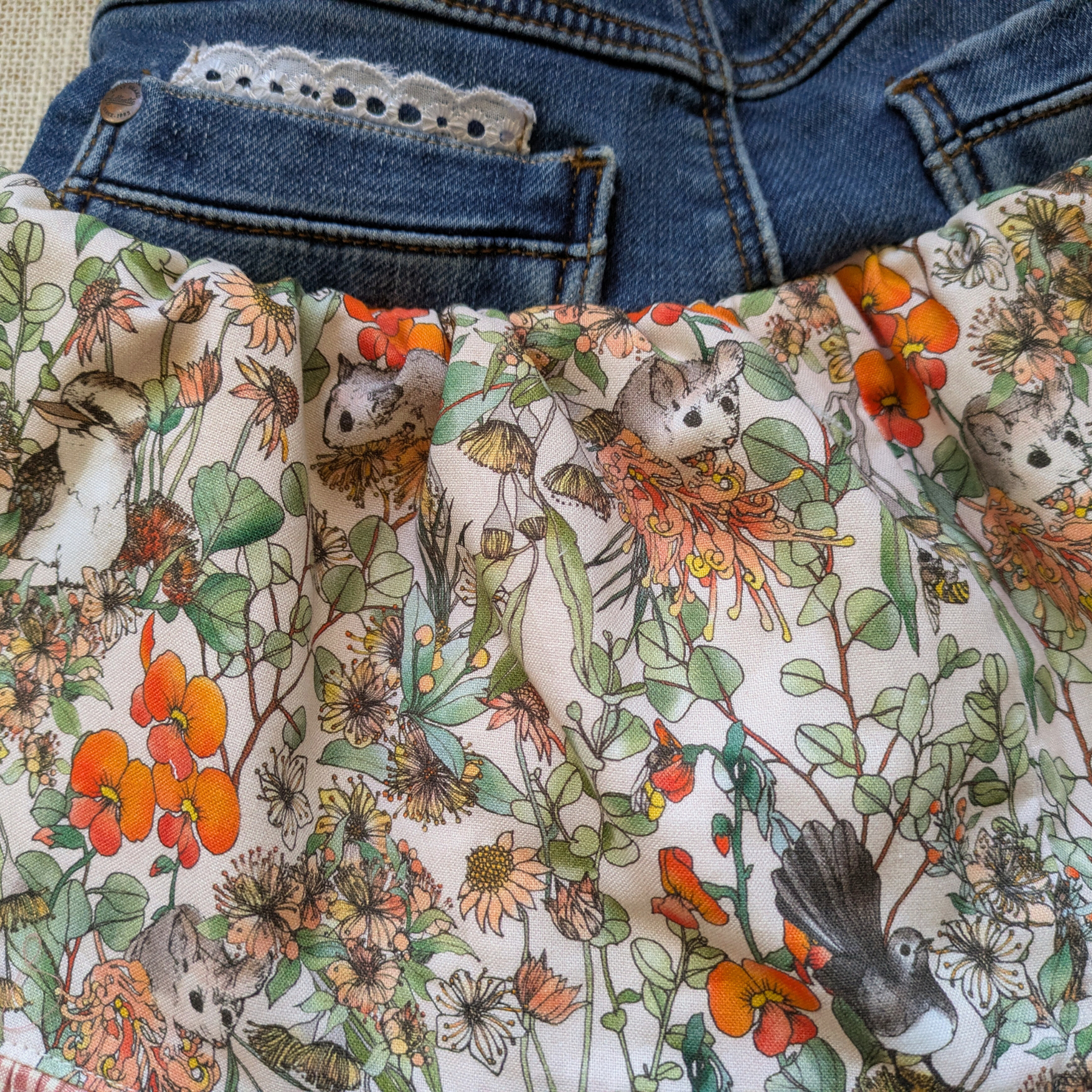 Girls Skirt Size 5 Upcycled Denim Burnt Orange Aussie Flowers Sugar Possums