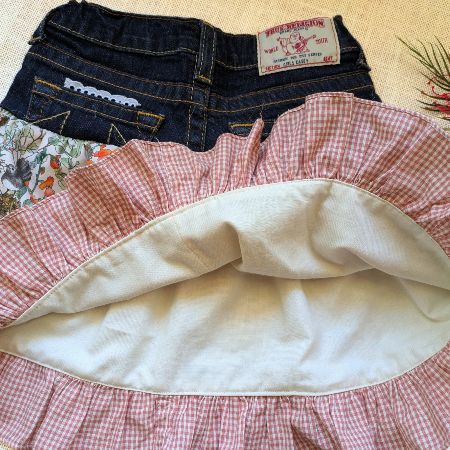 Girls Skirt Size 6 Upcycled Denim Australian Flora and Sugar Possums Burnt Orange