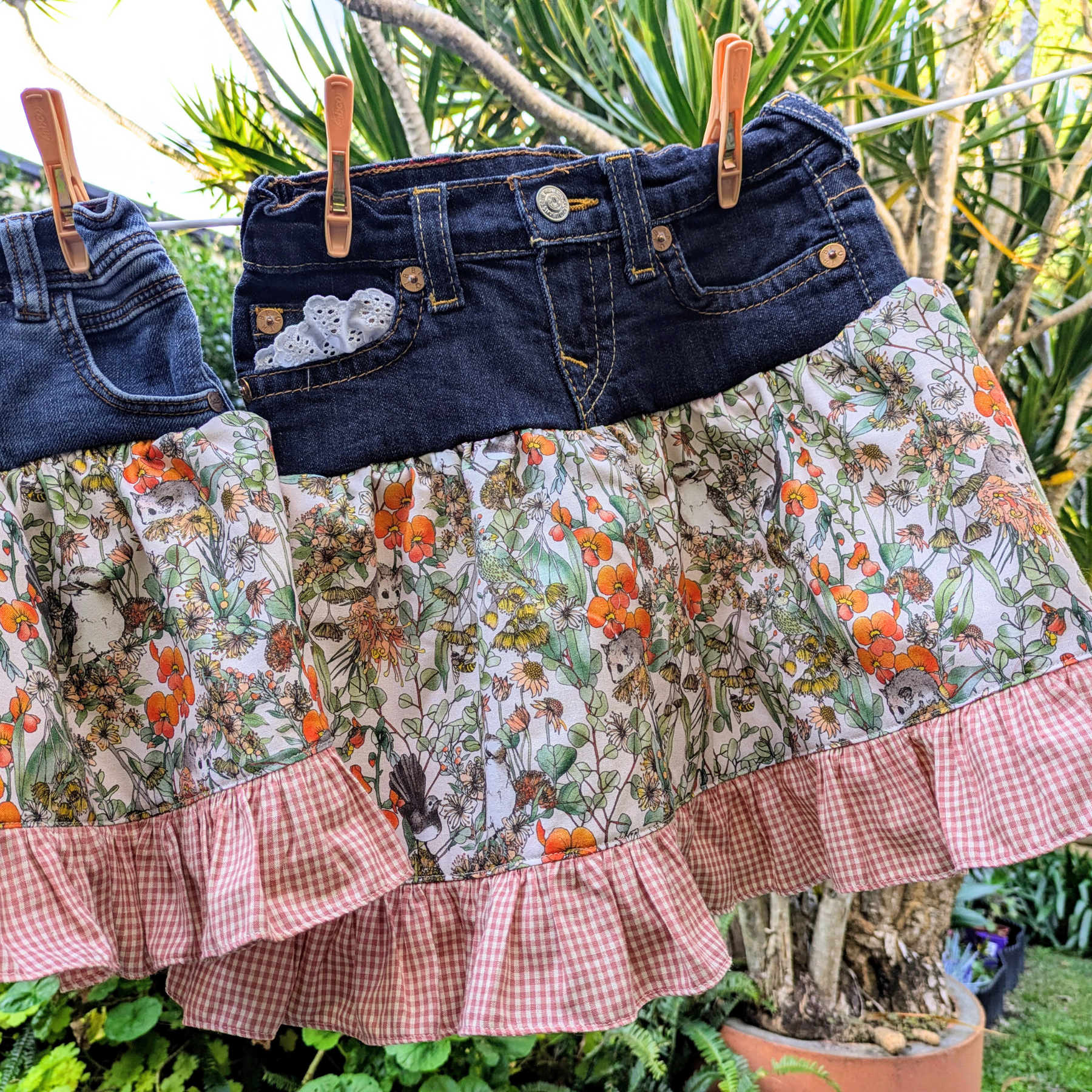 Girls Skirt Size 6 Upcycled Denim Australian Flora and Sugar Possums Burnt Orange