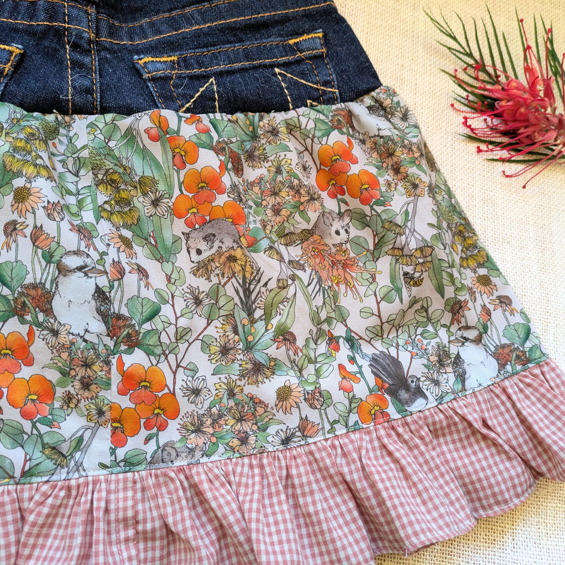 Girls Skirt Size 6 Upcycled Denim Australian Flora and Sugar Possums Burnt Orange