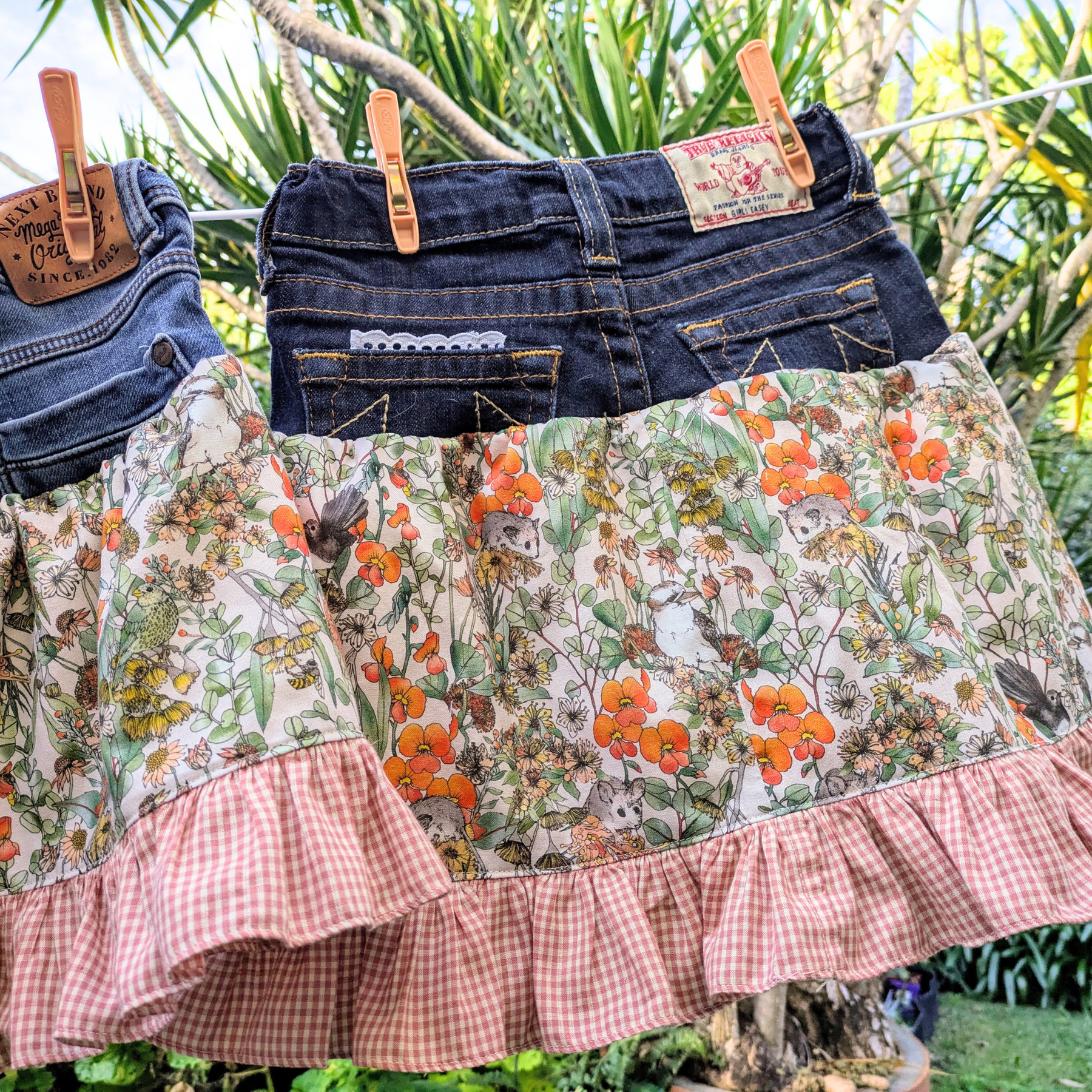 Girls Skirt Size 6 Upcycled Denim Australian Flora and Sugar Possums Burnt Orange