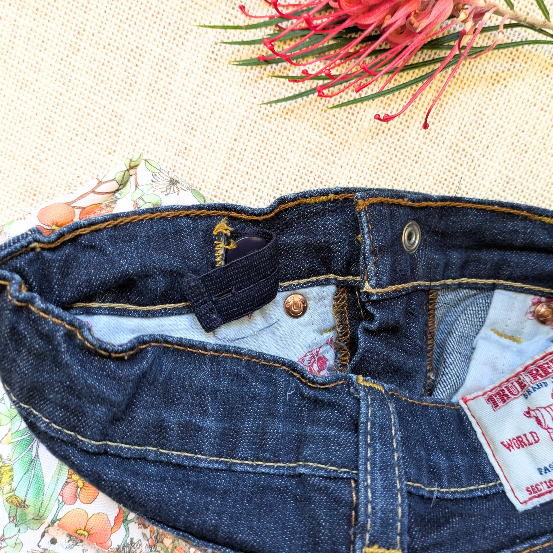 Girls Skirt Size 6 Upcycled Denim Australian Flora and Sugar Possums Burnt Orange