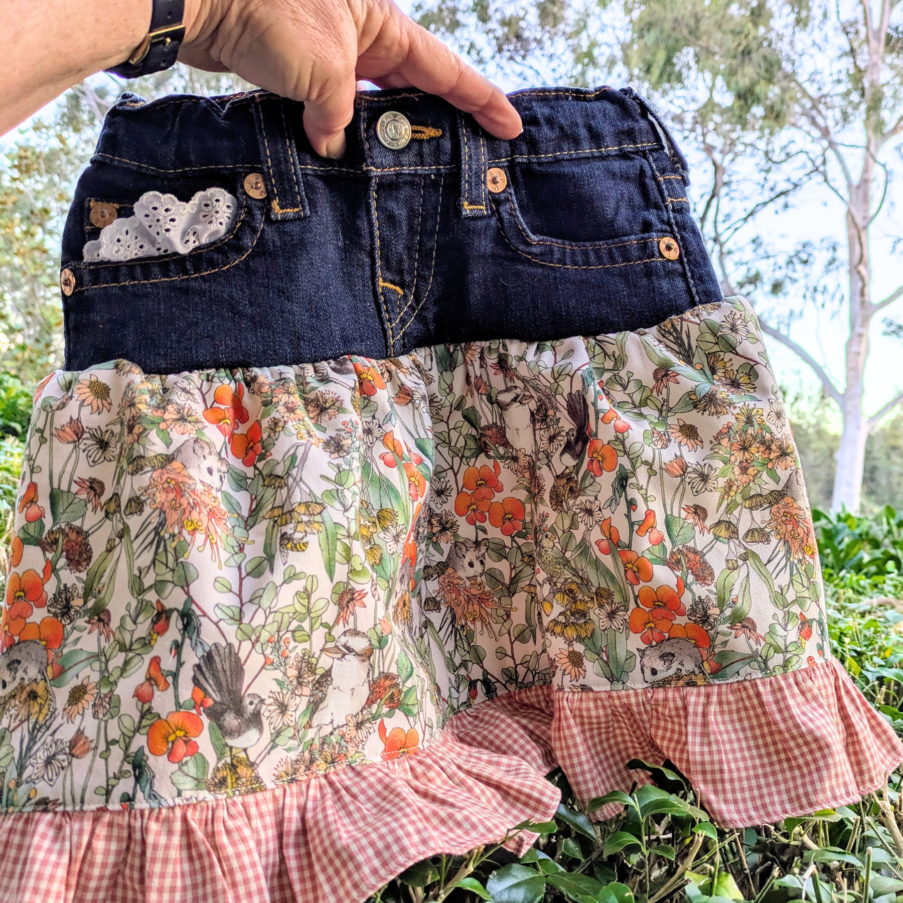 Girls Skirt Size 6 Upcycled Denim Australian Flora and Sugar Possums Burnt Orange