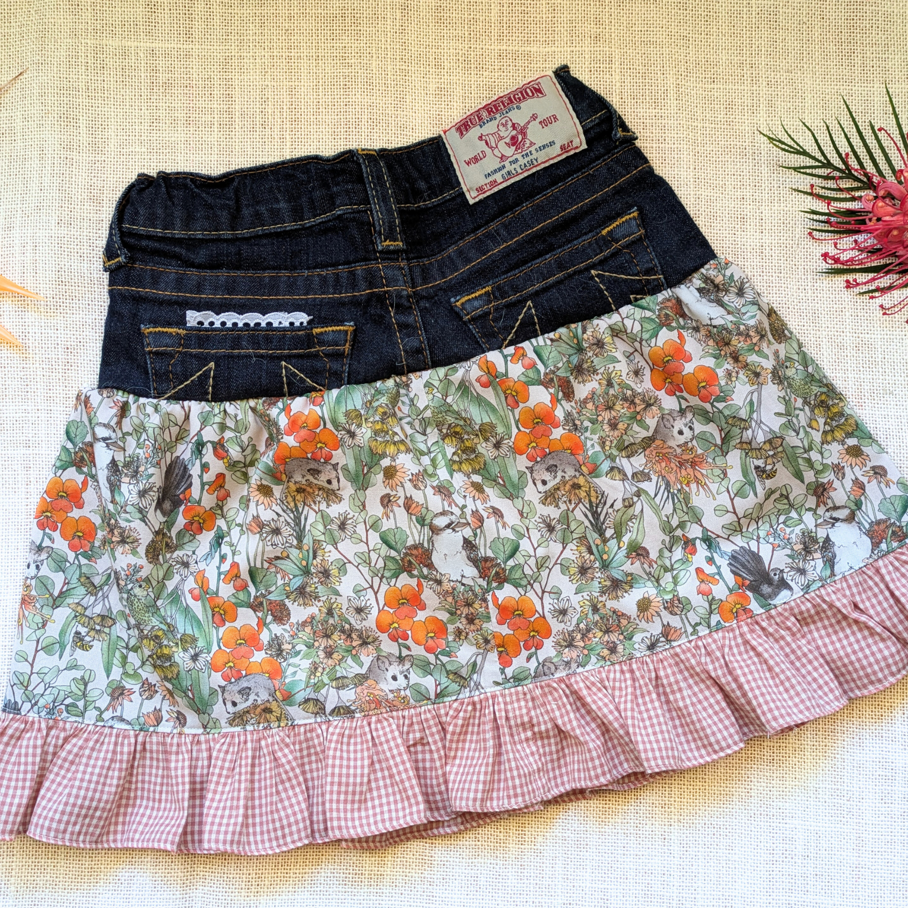Girls Skirt Size 6 Upcycled Denim Australian Flora and Sugar Possums Burnt Orange