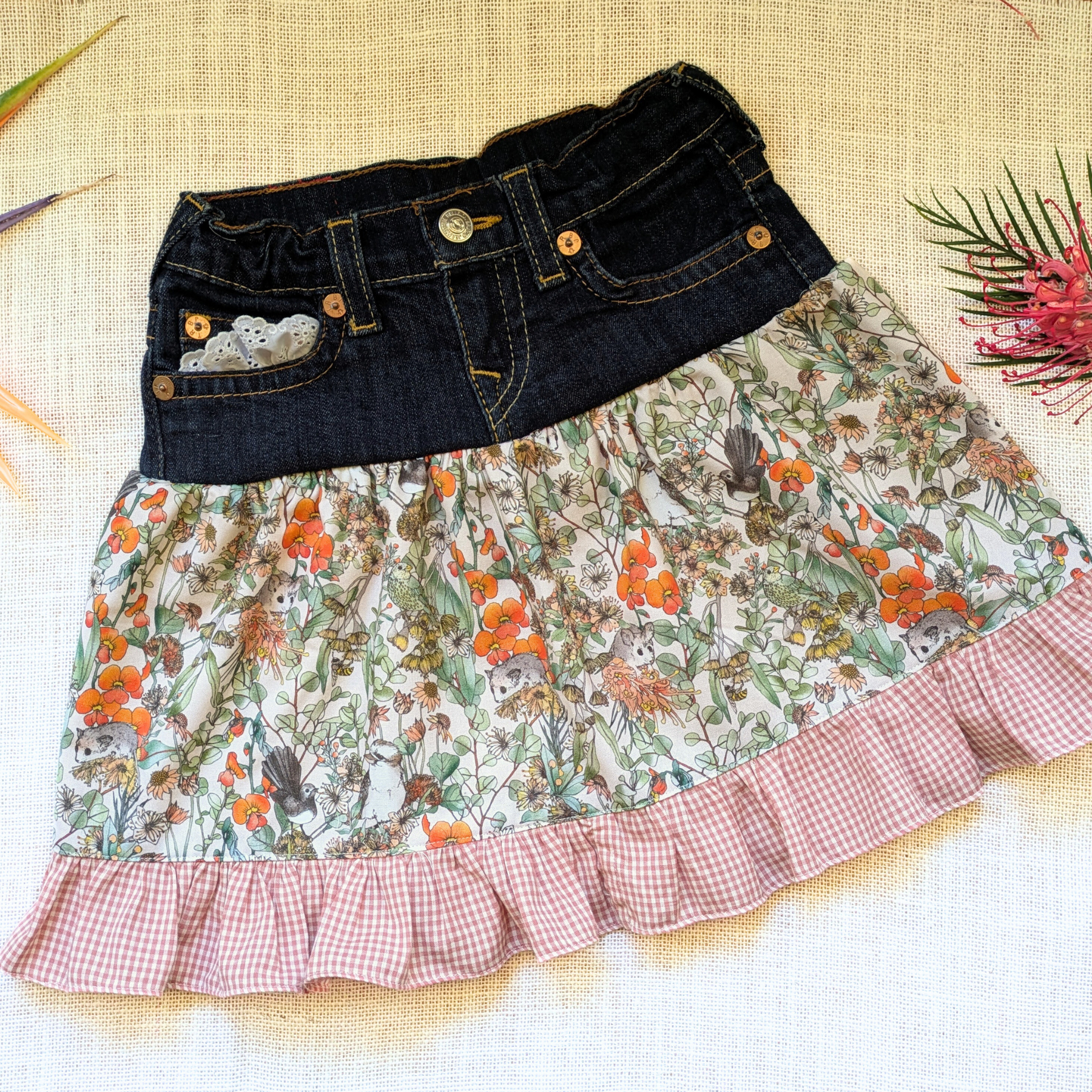Girls Skirt Size 6 Upcycled Denim Australian Flora and Sugar Possums Burnt Orange