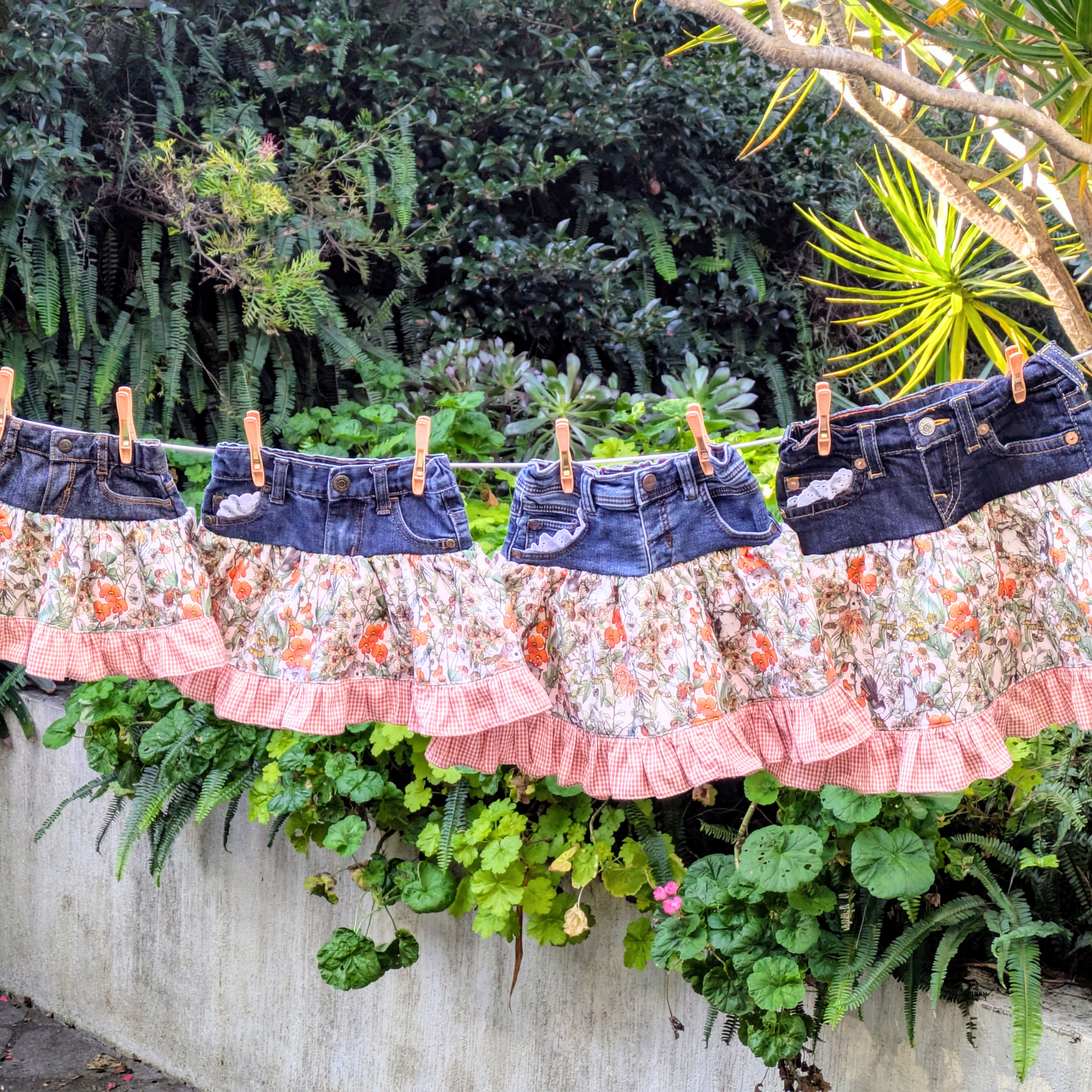 Girls Skirt Size 5 Upcycled Denim Burnt Orange Aussie Flowers Sugar Possums
