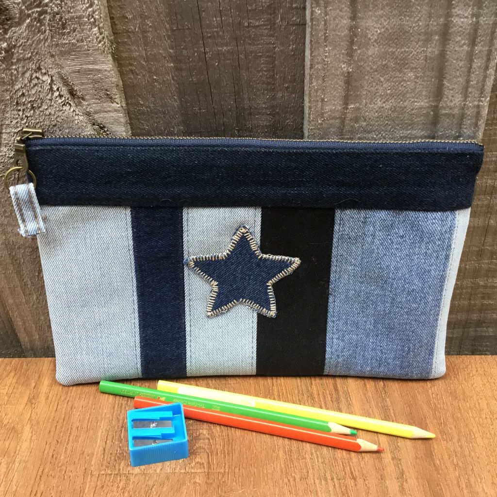 Upcycled Denim Striped Pencil Case - Denim Star