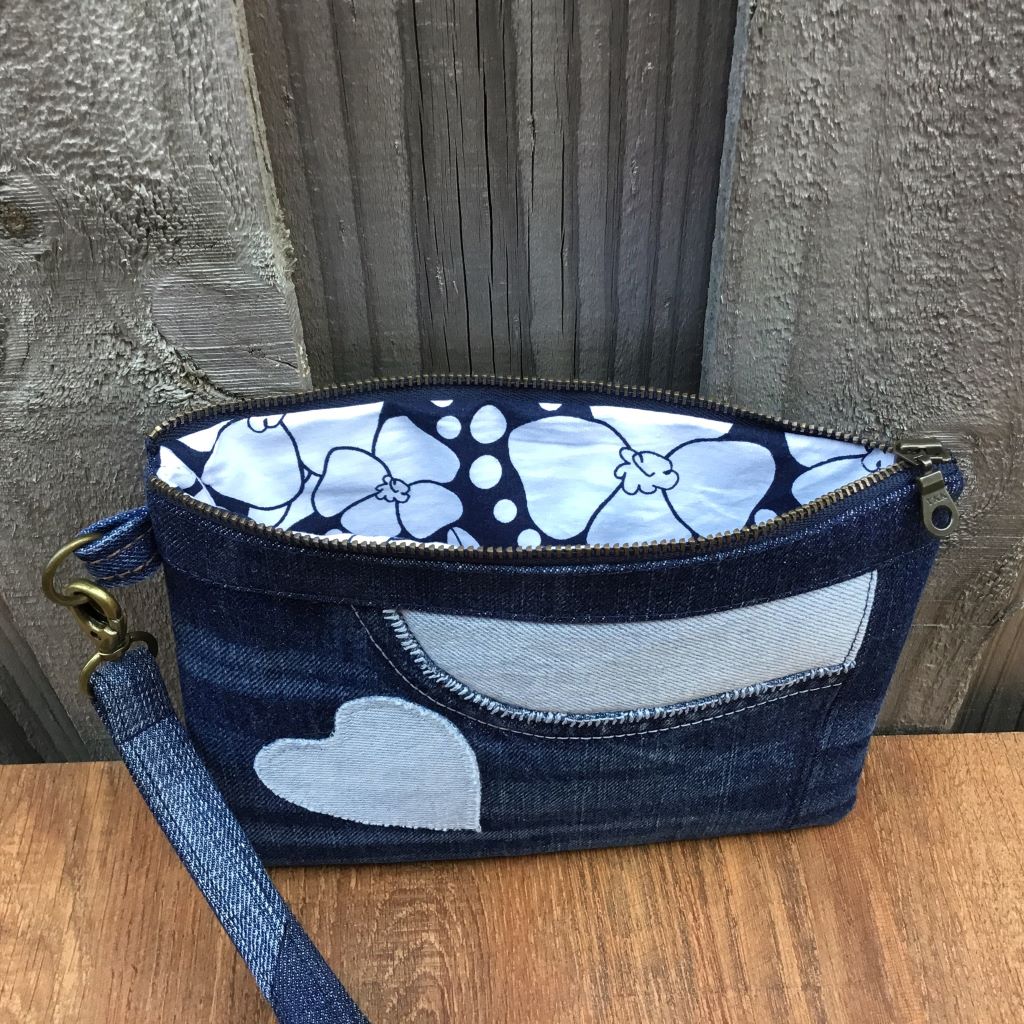 Upcycled Denim Wristlet Purse – Blue Pocket Heart
