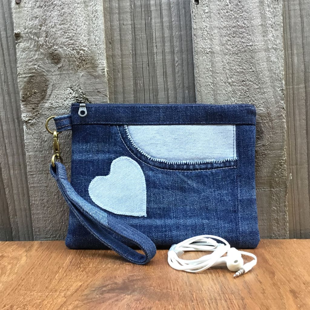 Upcycled Denim Wristlet Purse – Blue Pocket Heart
