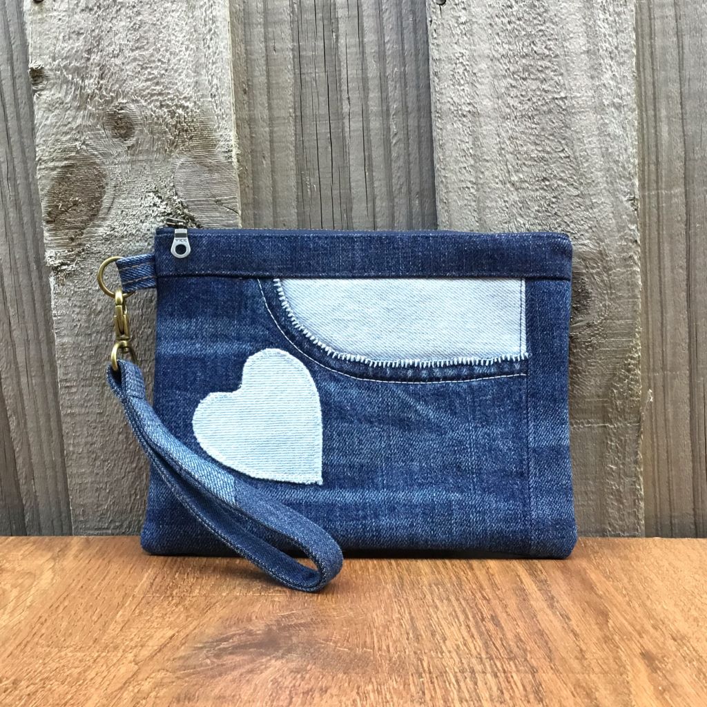 Upcycled Denim Wristlet Purse – Blue Pocket Heart