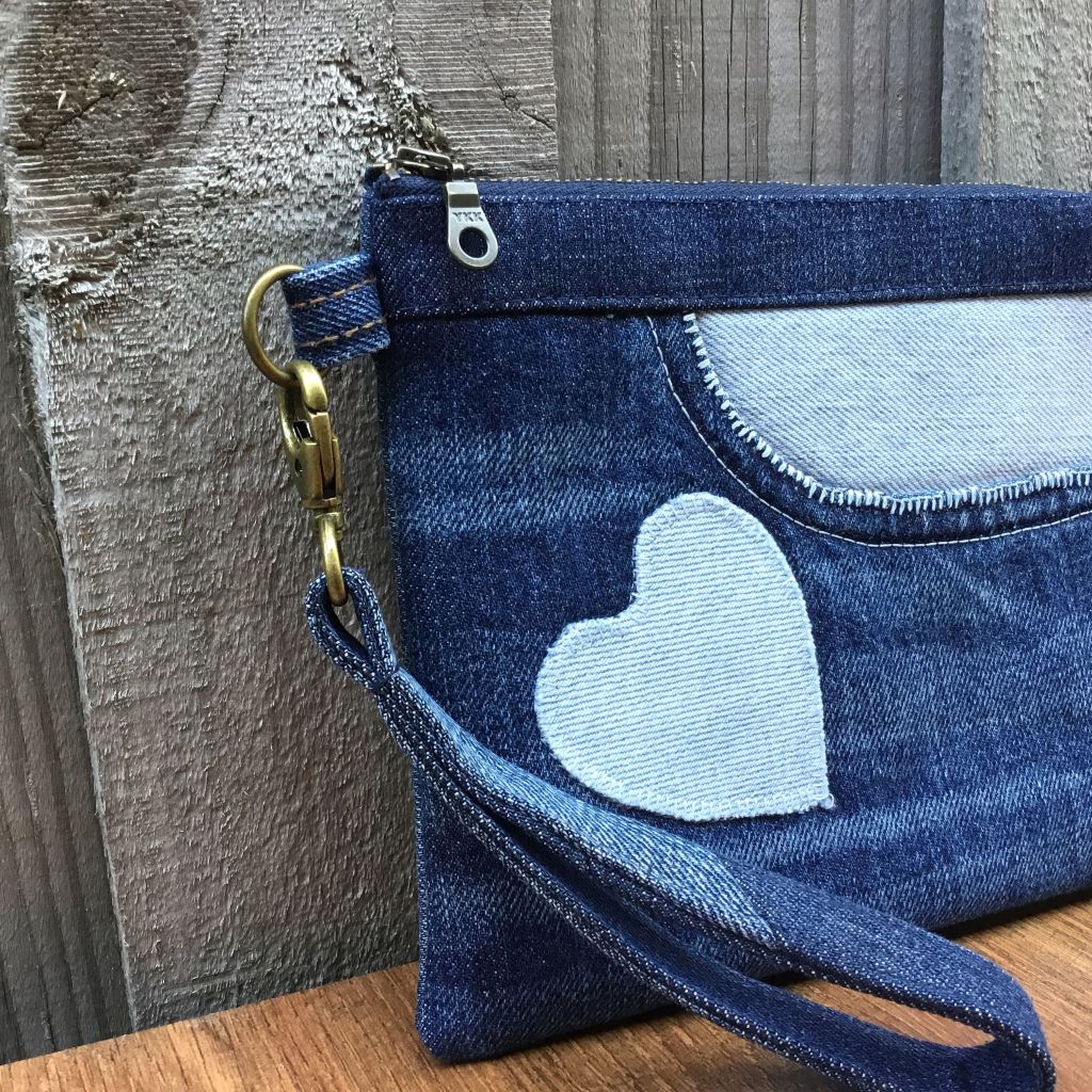 Upcycled Denim Wristlet Purse – Blue Pocket Heart