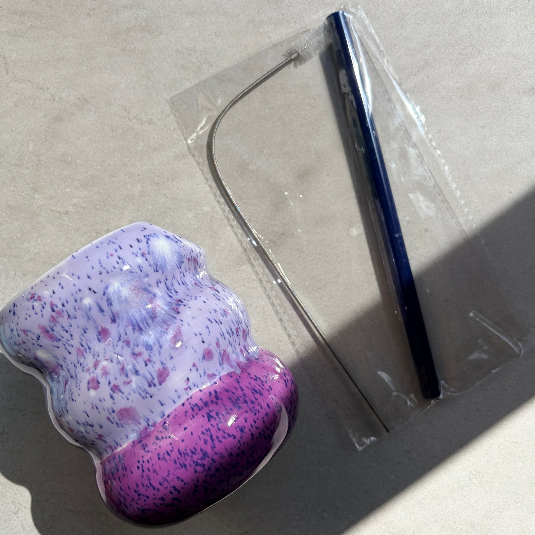 Handcrafted Porcelain Tumbler with Silicon Straw, 600mL Bubble Cup in Blueberry Smoothie Glaze