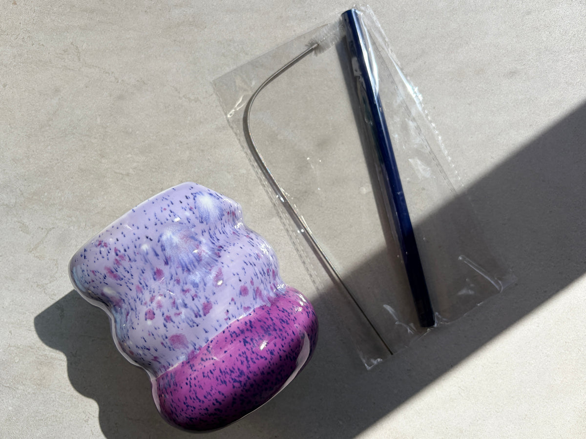 Handcrafted Porcelain Tumbler with Silicon Straw, 600mL Bubble Cup in Blueberry Smoothie Glaze