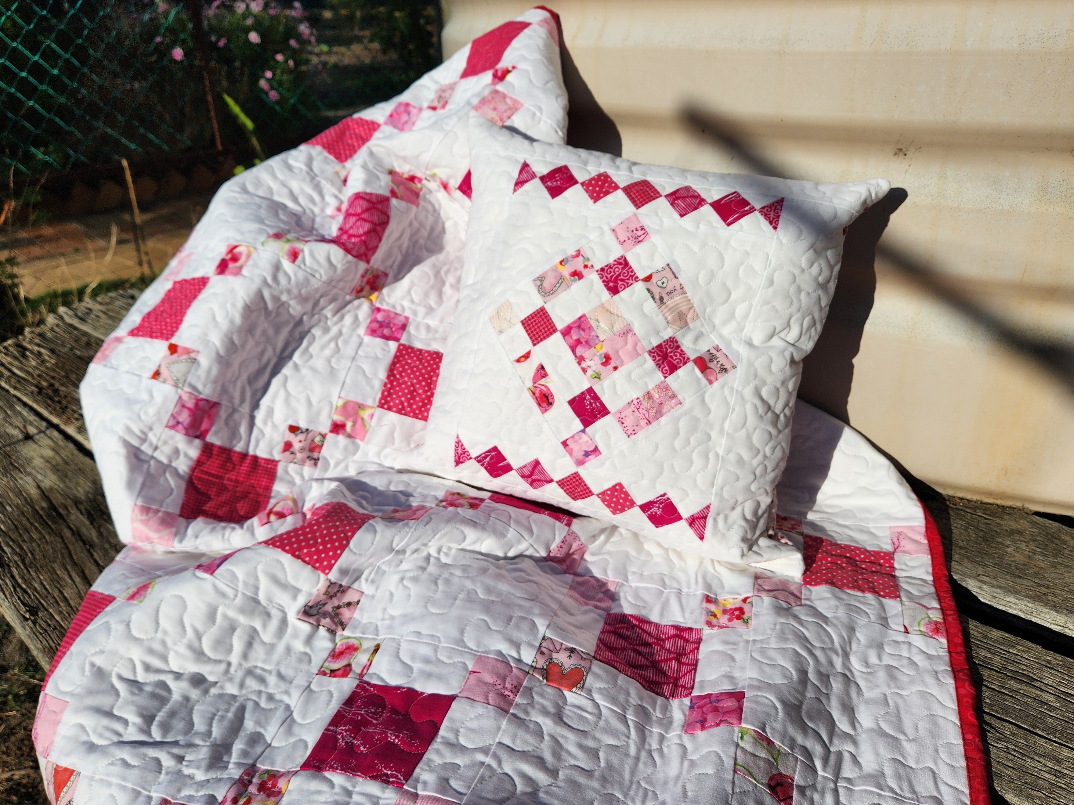 Pink Irish Chain Patchwork Quilt - Lap / Crib Size