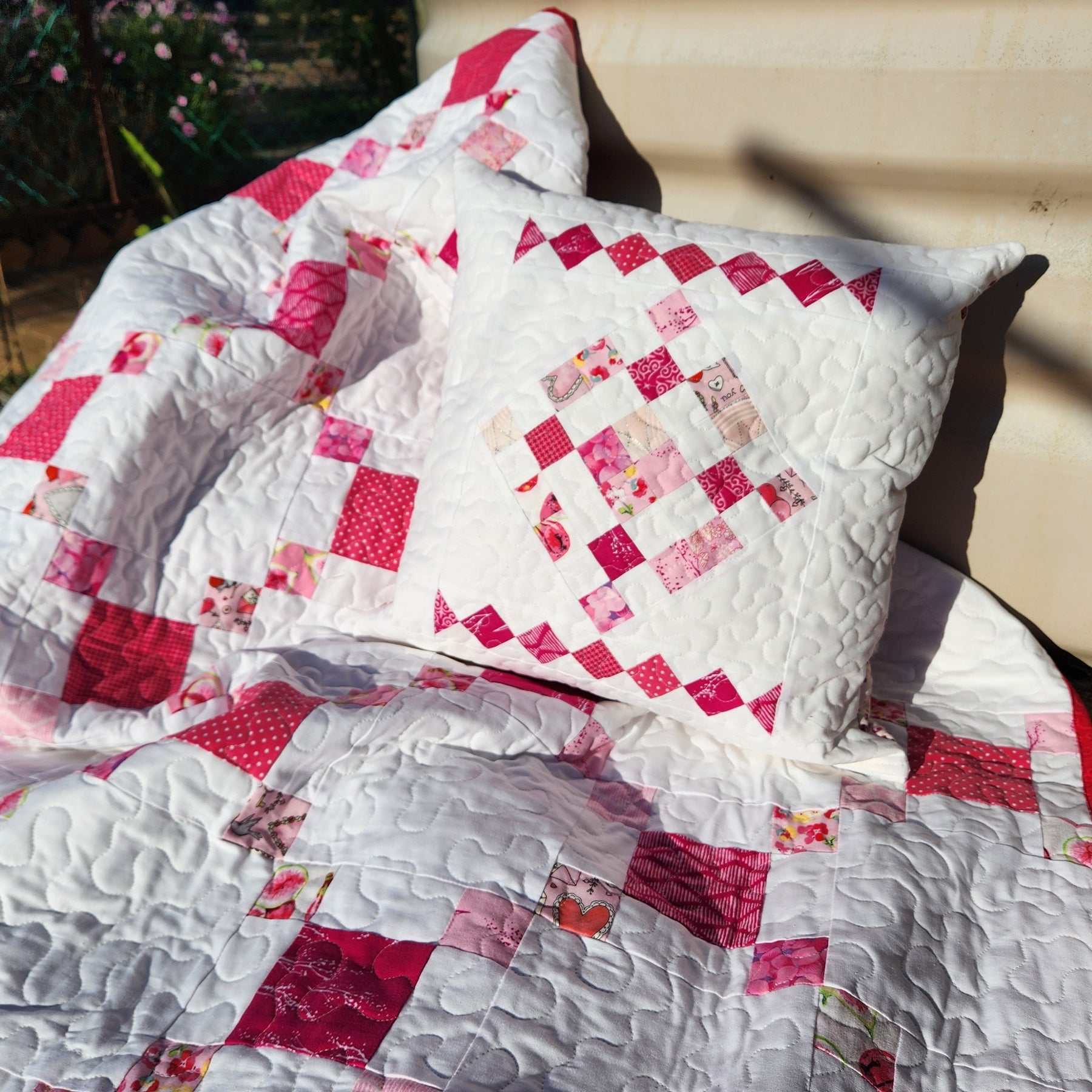 Pink Irish Chain Patchwork Quilt - Lap / Crib Size