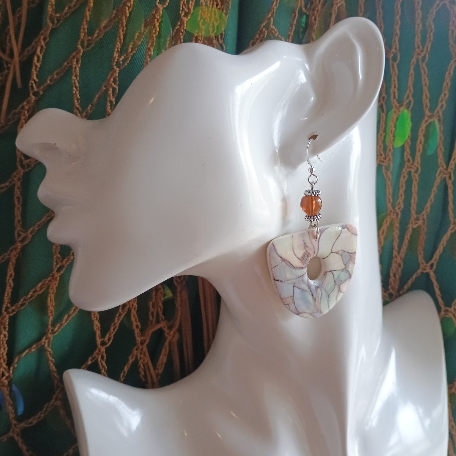 Floral marble print and stone bead polymer clay earring