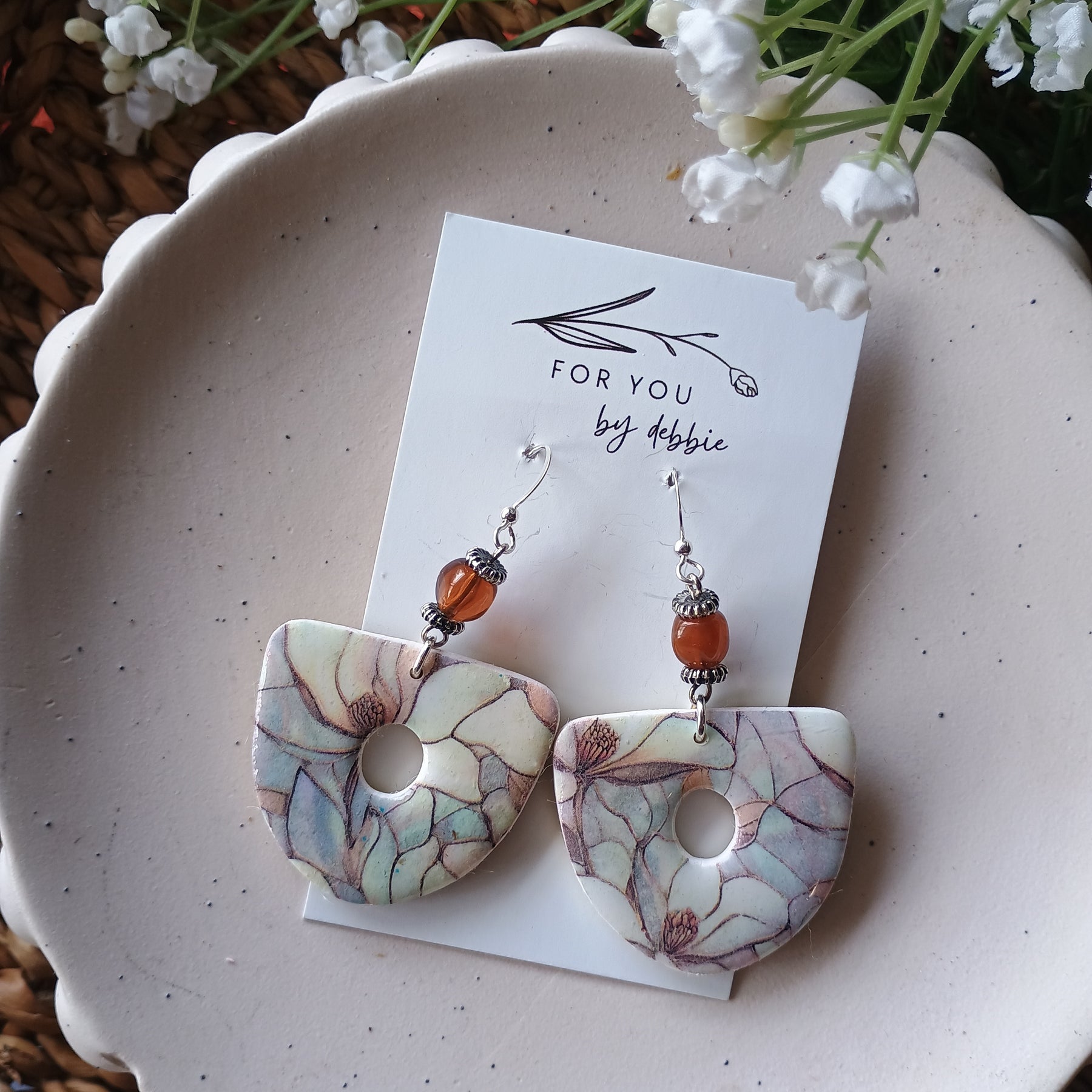 Floral marble print and stone bead polymer clay earring