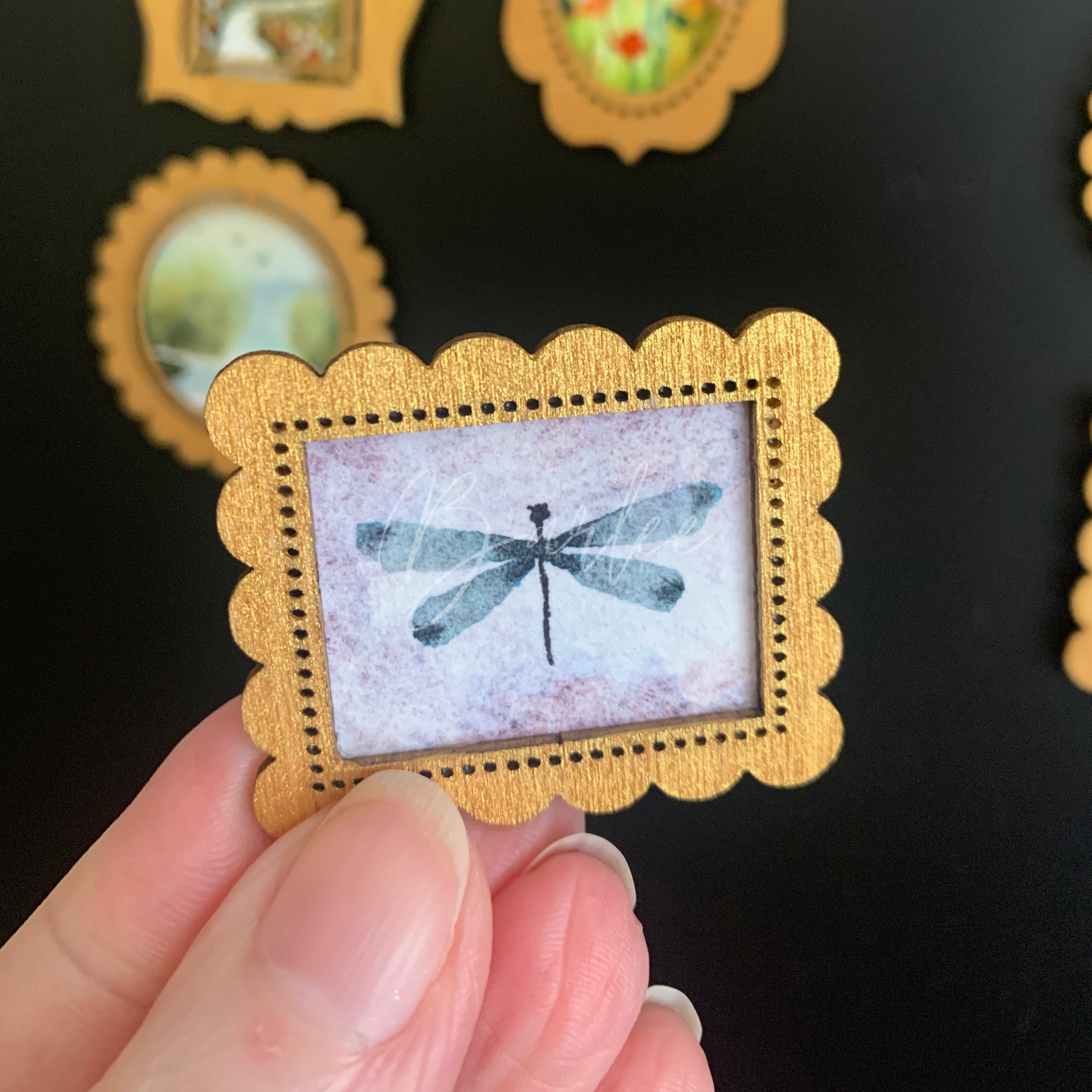 Hand Painted Fridge Magnet Set - 4 Framed Mini Paintings