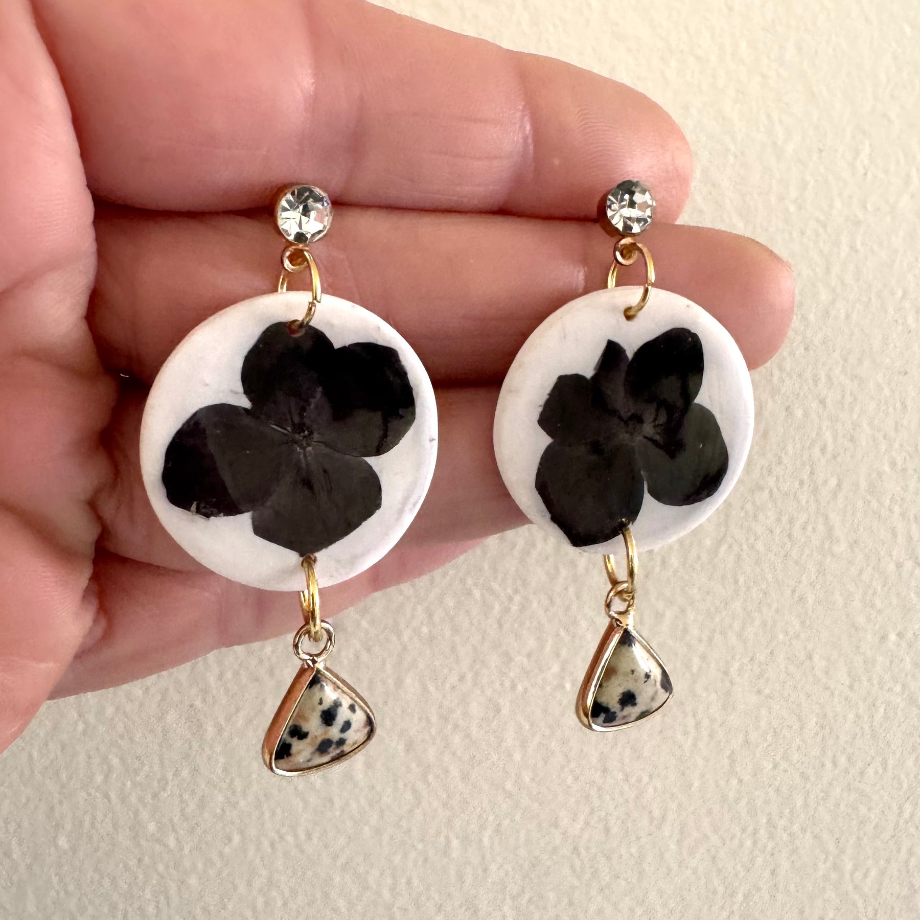 White floral polymer clay and jasper earrings with diamanté stud