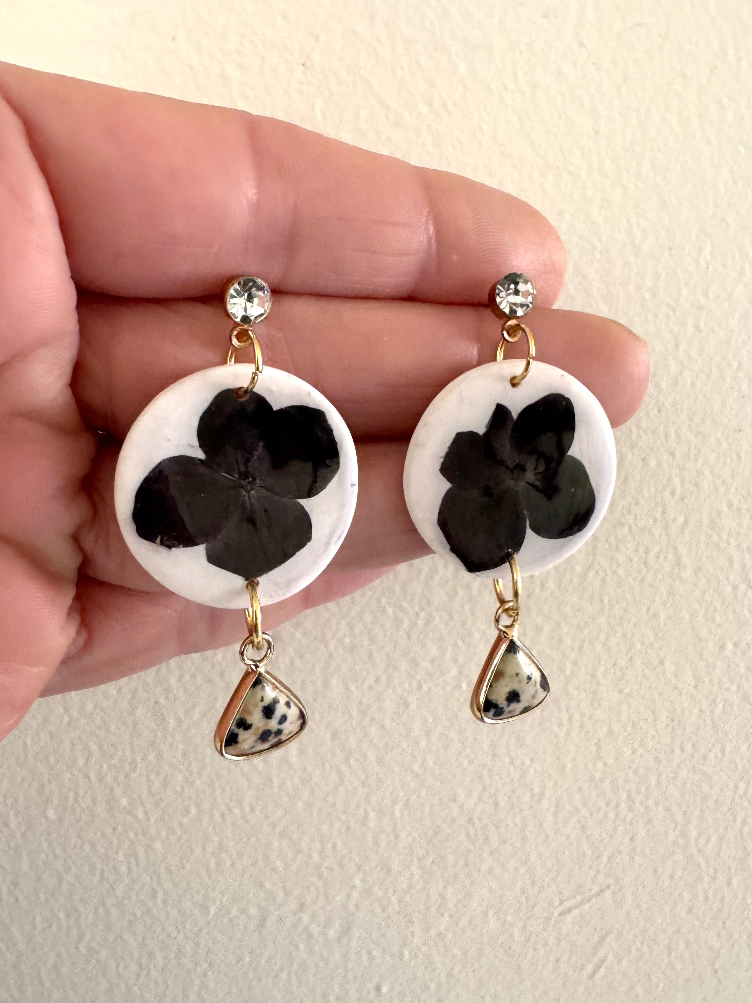 White floral polymer clay and jasper earrings with diamanté stud