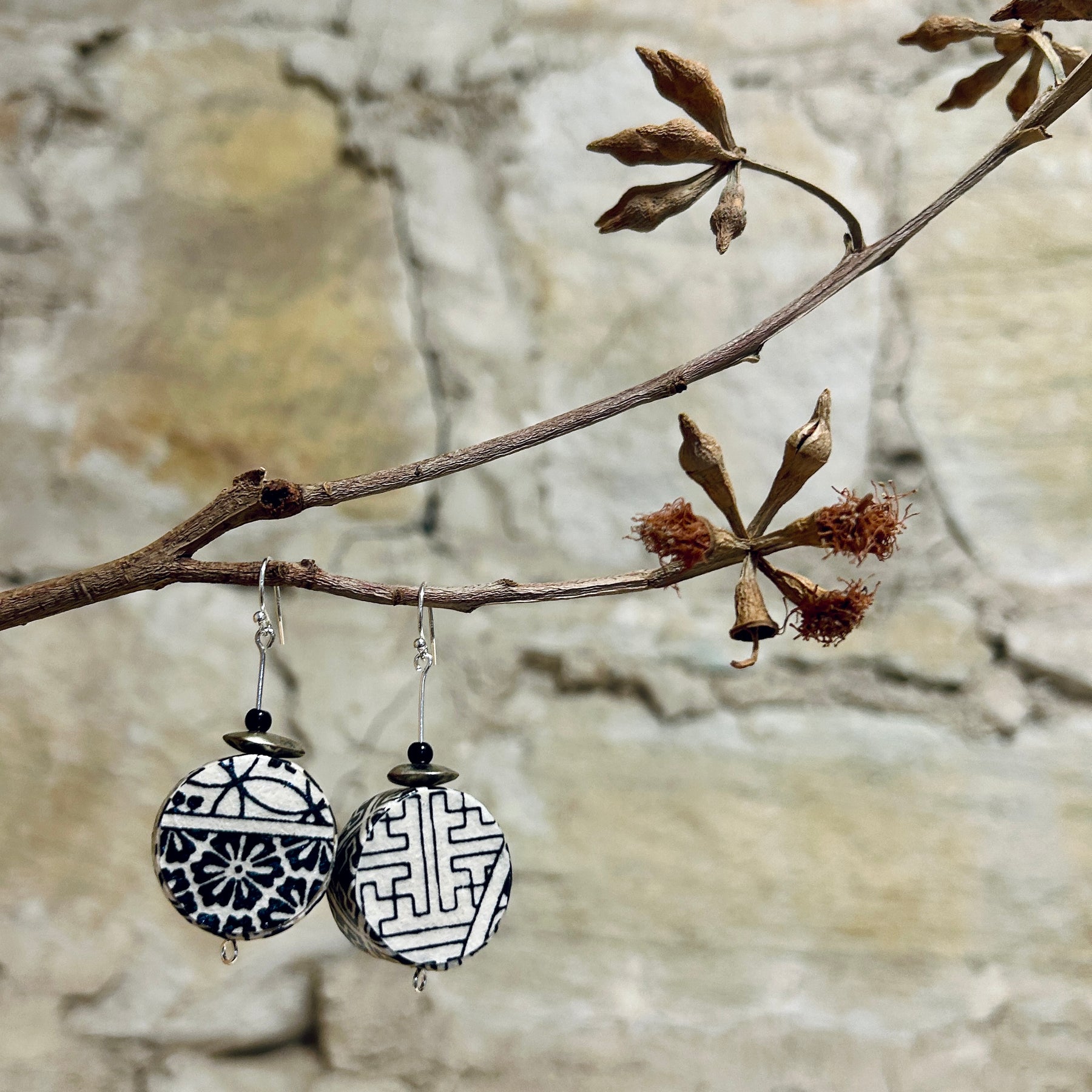 Earrings Black & White Japanese Washi Paper - EBW-111
