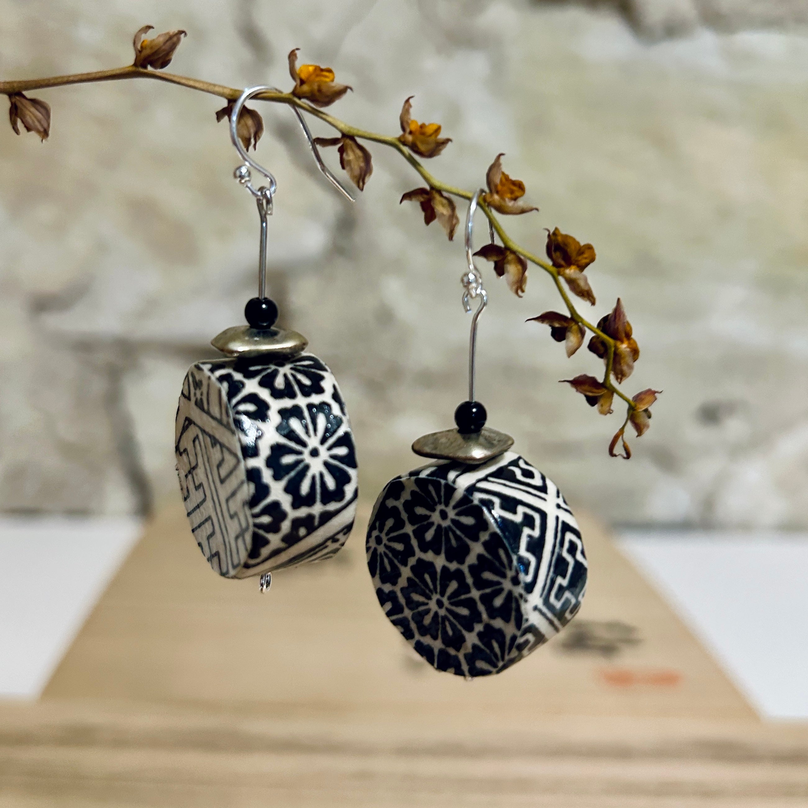 Earrings Black & White Japanese Washi Paper - EBW-111