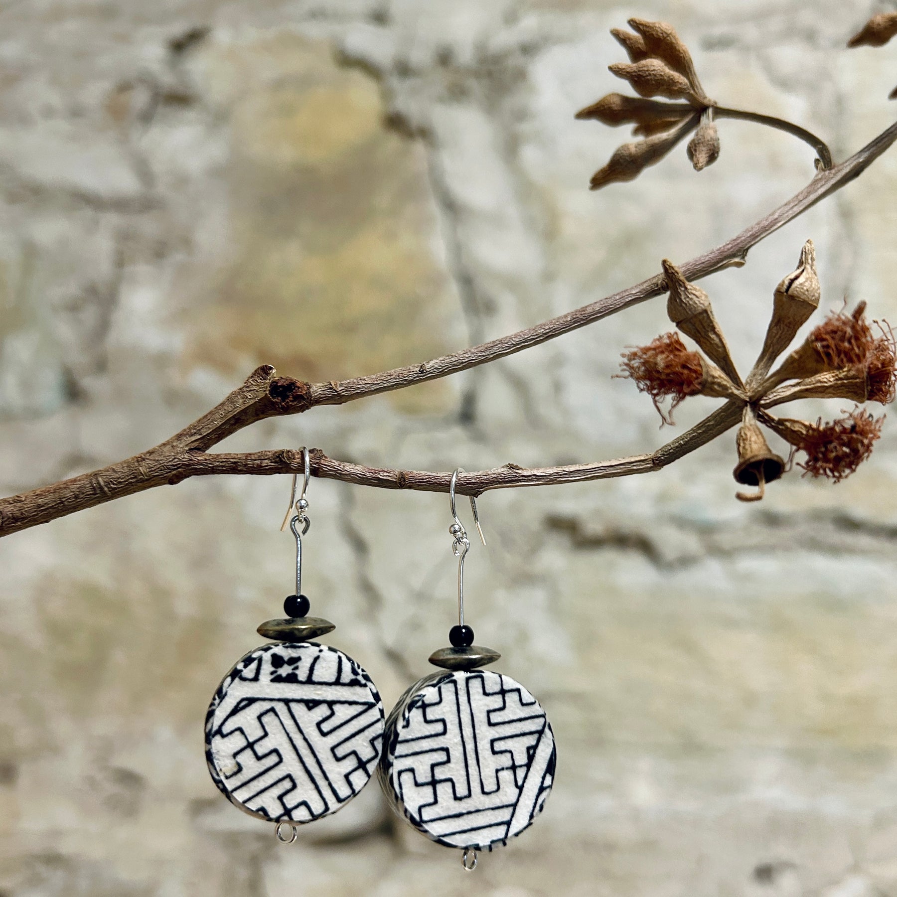 Earrings Black & White Japanese Washi Paper - EBW-111