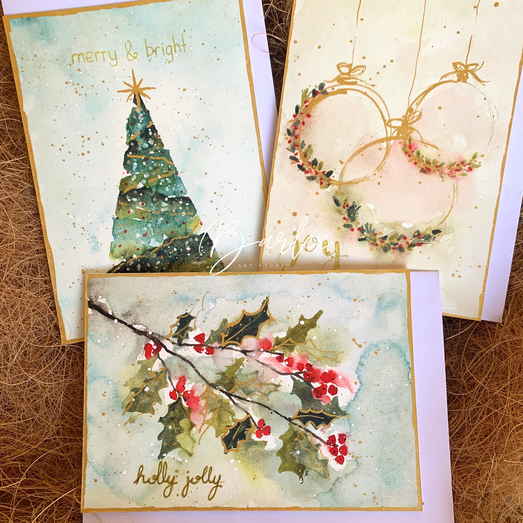 Set of 3 Hand-Painted Christmas Cards - One-of-a-Kind.